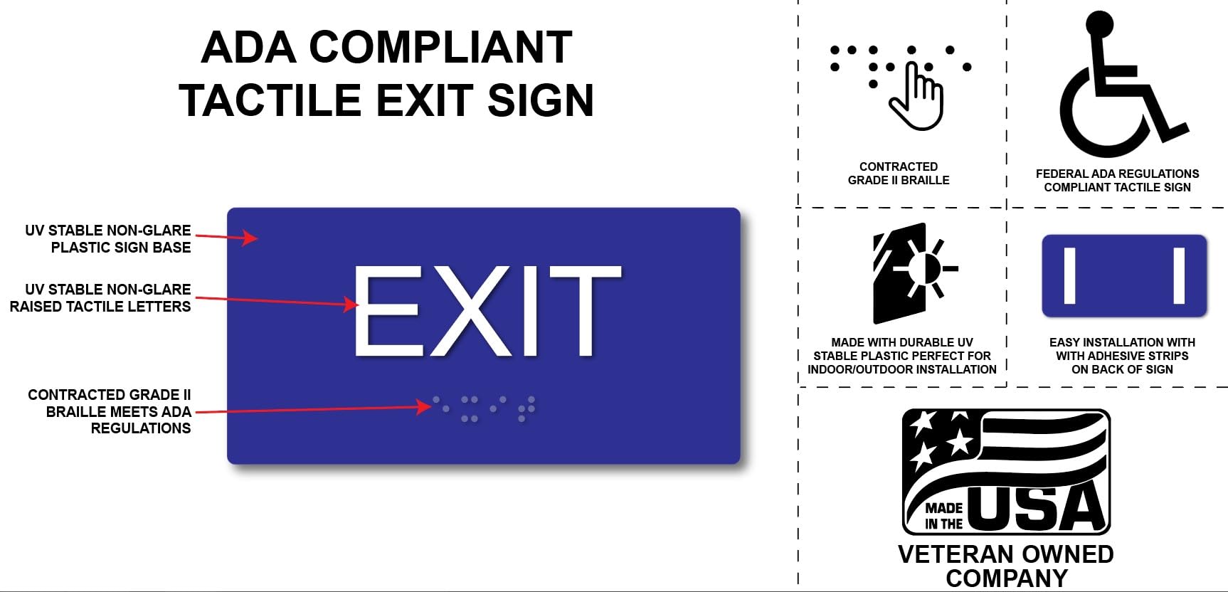3'' X 6'' Ada Compliant Tactile Exit Sign (Black/White) With Raised Letters And Braille