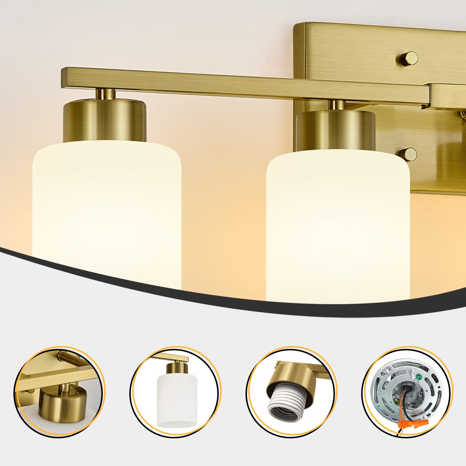 FonmYim 4-Light Brushed Gold Bathroom Vanity Light Fixture, Metal with Frosted Glass Shades, Model FY-GB3105-RG4