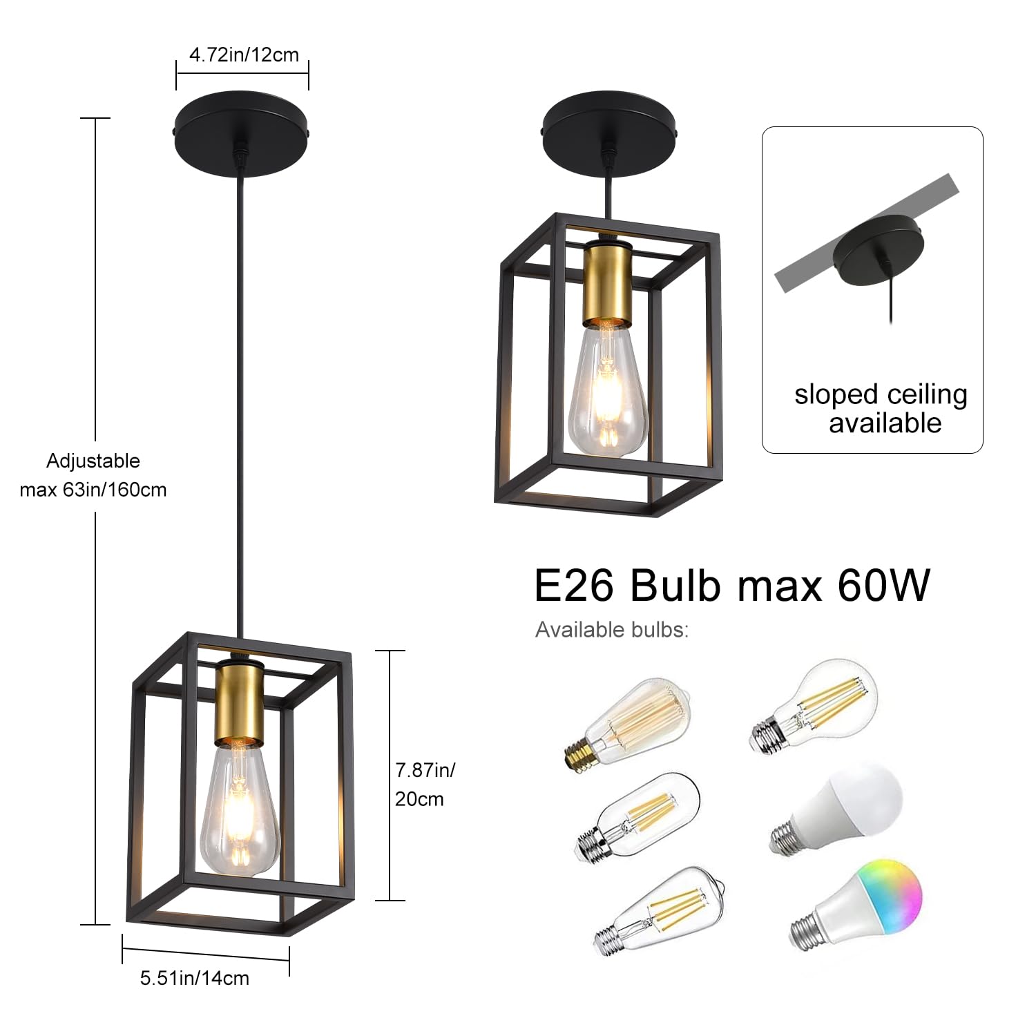 Aojunsansan Black Pendant Lights For Kitchen Island Industrial Lantern Pendant Light Fixtures With Golden Lamp Cup  Farmhouse Adjustable Height Hanging Pendant Lighting