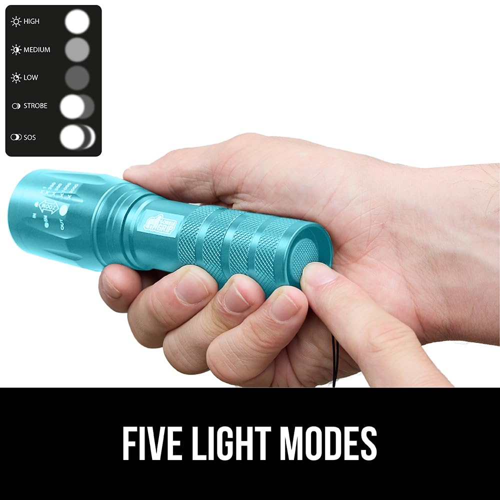 Gorilla Grip LED Tactical Handheld Flashlight - 750 FT Zoom, 5 Modes, Water Resistant, Ultra Bright, Turquoise, Model 840029670934