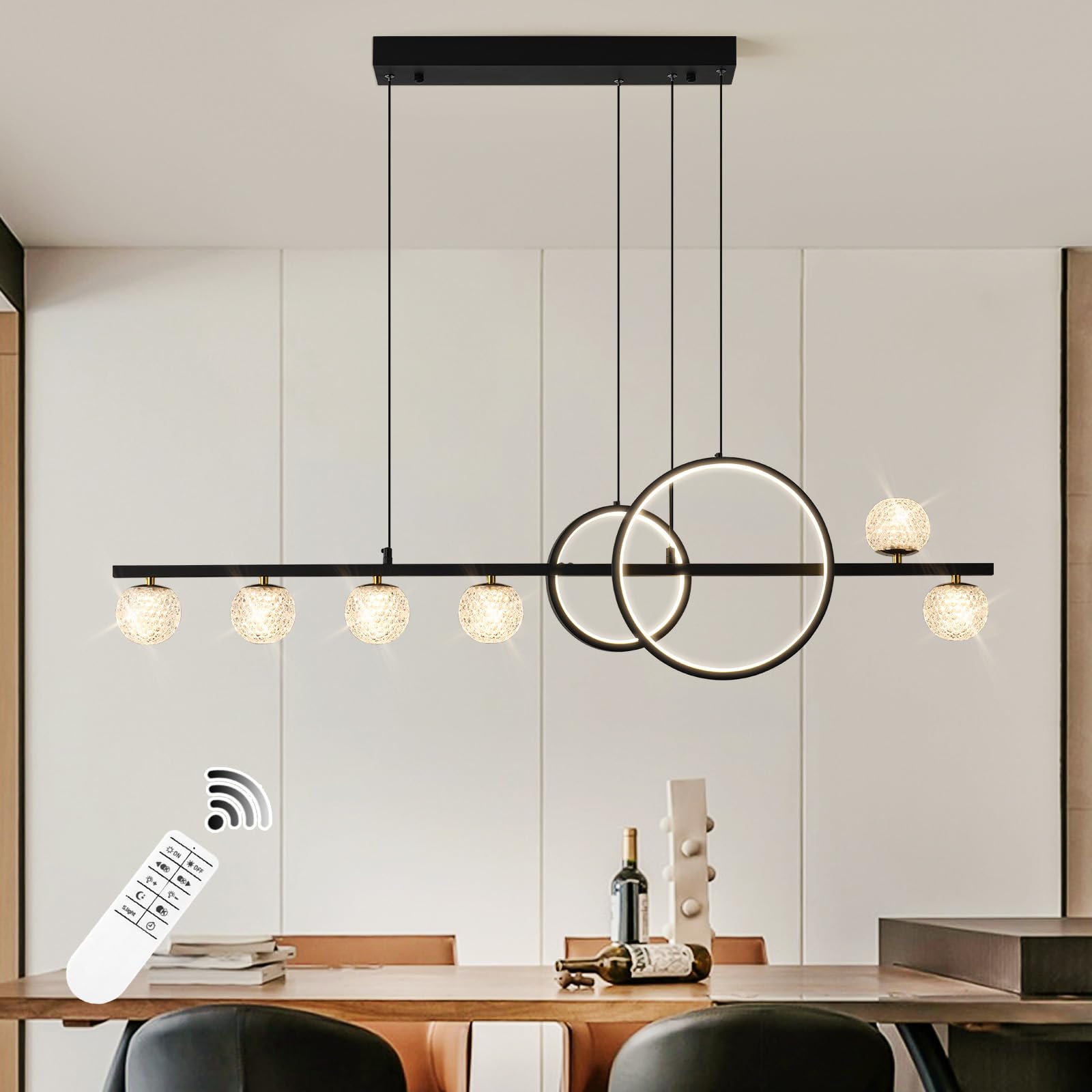 Oranoor Modern Black Gold Chandeliers For Dining Room, 47In Dimmable Led Chandelier Linear Pendant Light For Kitchen Island, Upgraded 6 Globe Hanging Pendant Chandelier Lighting (2 Rings, 4200Lm)