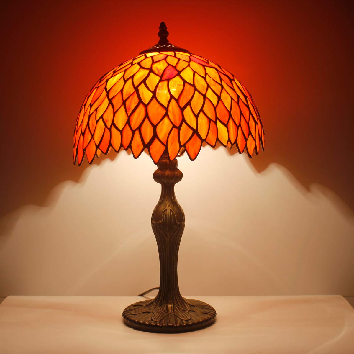 WERFACTORY Tiffany Lamp Stained Glass Table Lamp, Red Wisteria, 12x12x18 Inches, Glass, Desk/Bedside Lighting, S523R Series