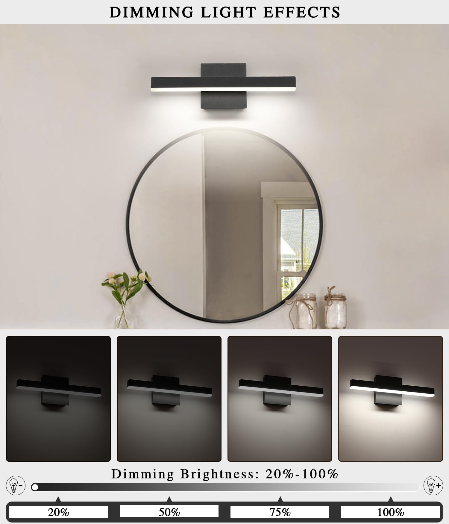 Joossnwell Black Bathroom Vanity Light Fixture - 15.75" Dimmable LED, Aluminum, Model 7560, Modern Over Mirror Lighting
