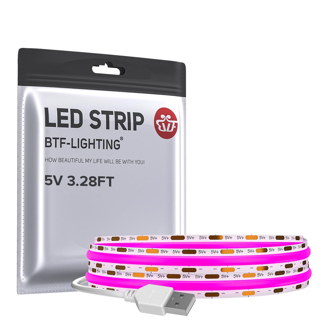 BTF-LIGHTING FCOB USB Powered Purple Color COB LED Band Lights 3.28FT 320LEDs 5V 8mm Width 90+ High CRI Ultra Bright Flexible Light for TV Backlight Display Cabinet PC DIY Decor