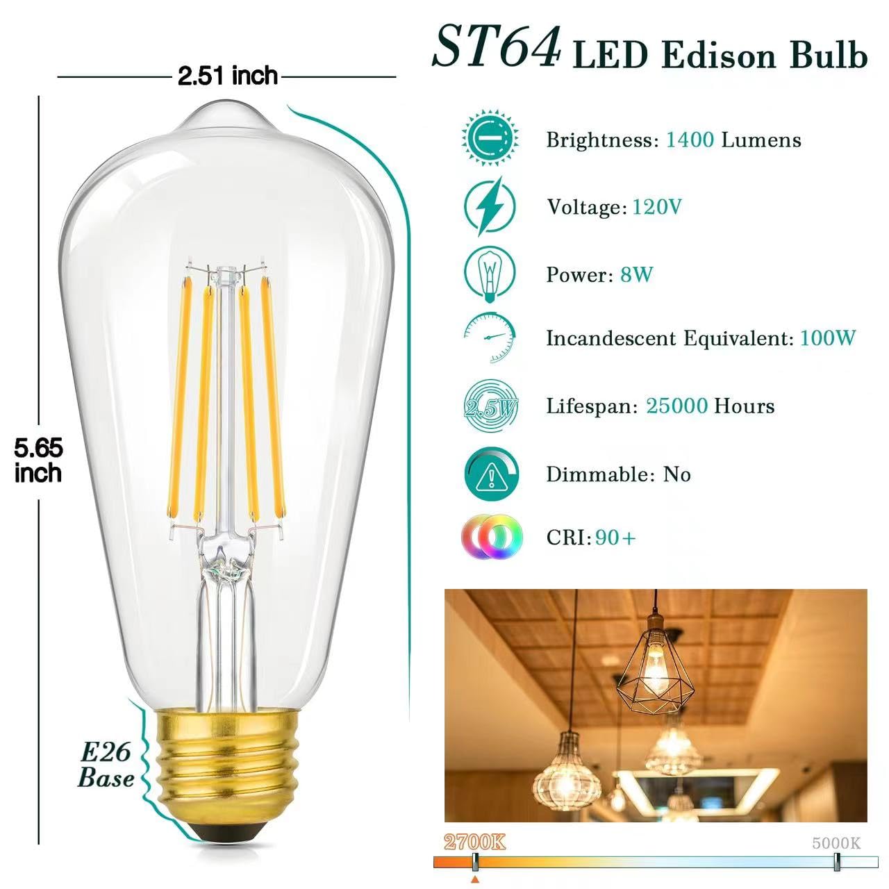 Brightever 4-Pack ST64 LED Edison Light Bulbs 100W Equivalent 1400LM, 2700K Warm White, Clear Glass, Non-Dimmable
