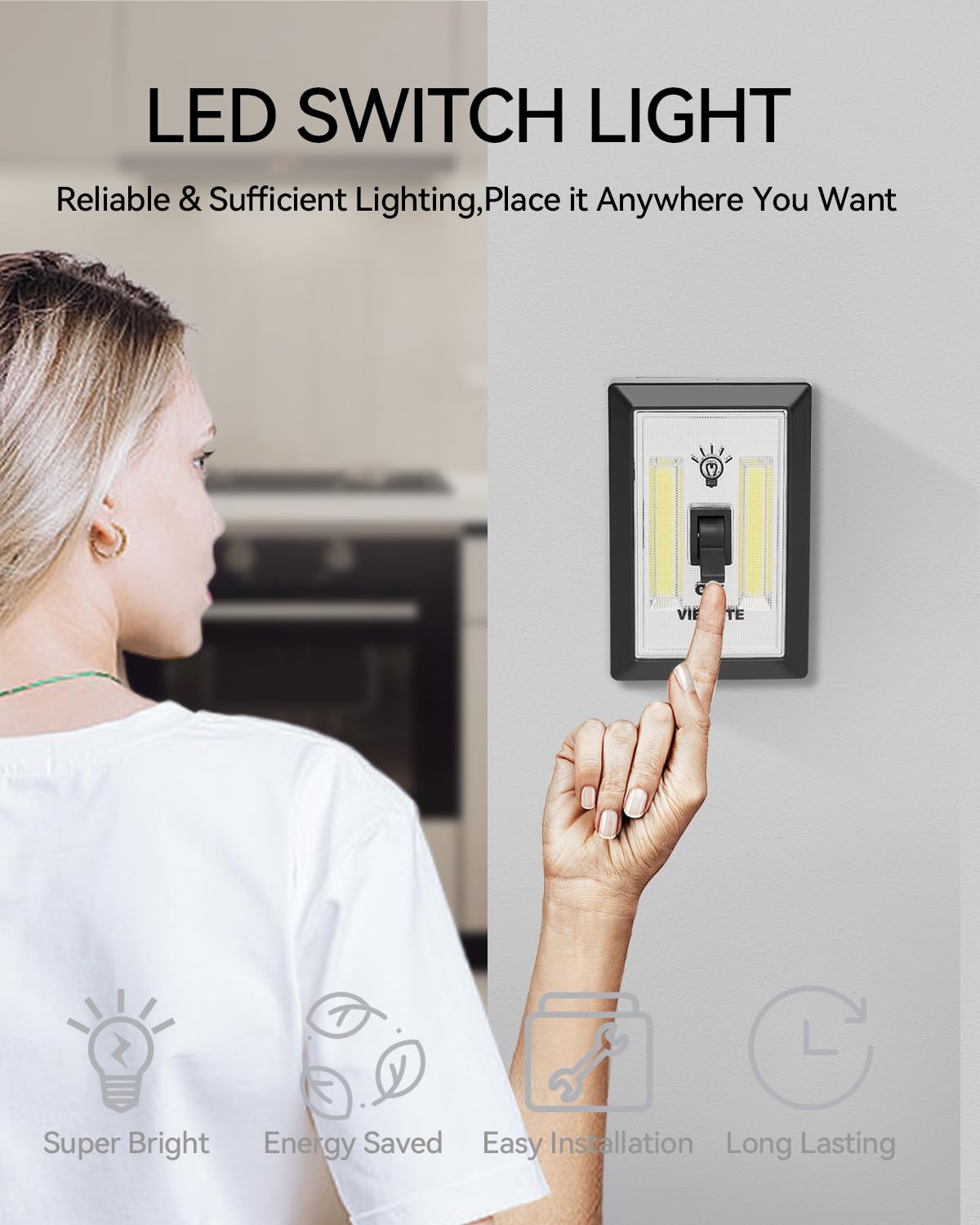 VIBELITE LED Night Light Switch - 200 Lumen Wireless COB Lamps, Battery Operated, 4 Pack, Black