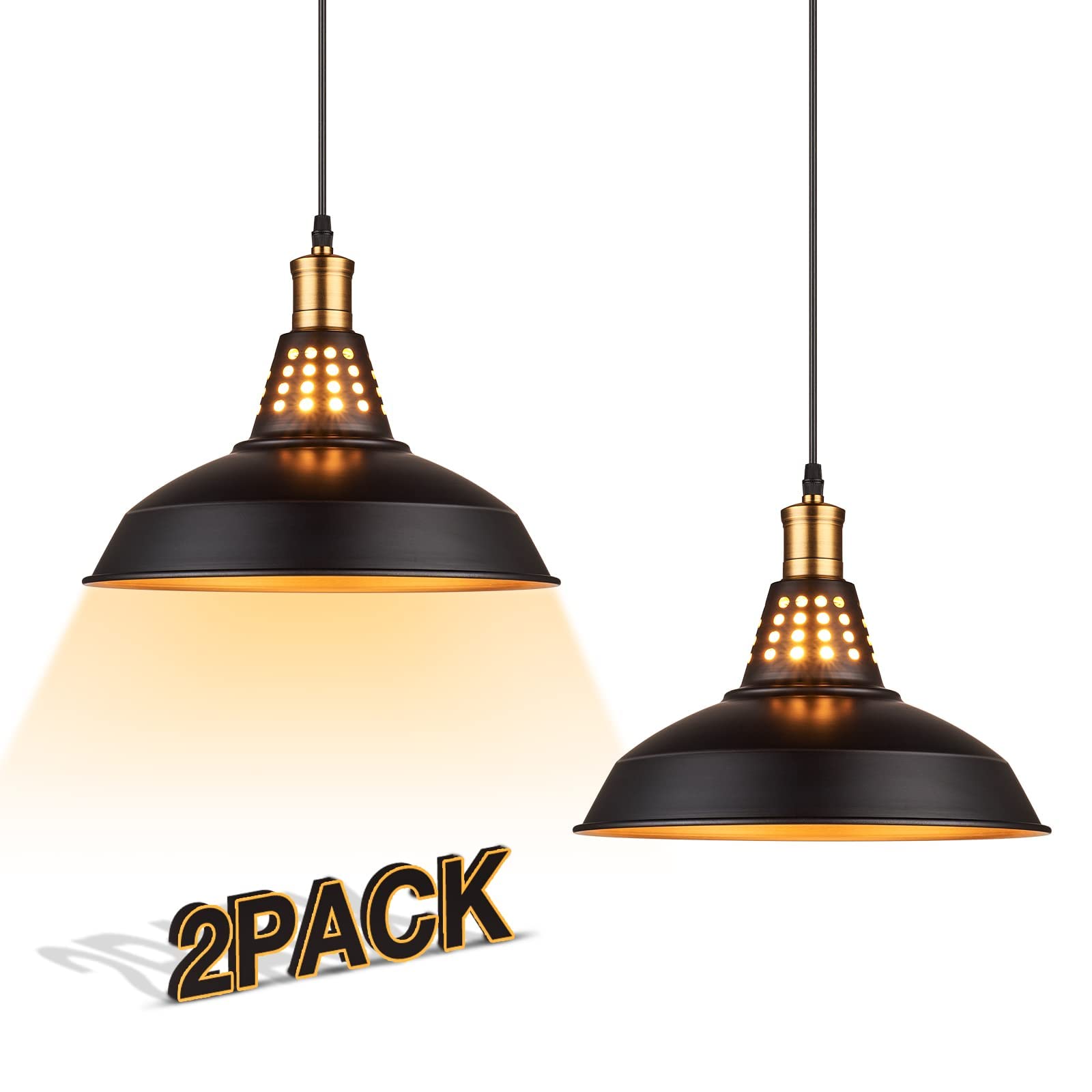 Matte Black Farmhouse Pendant Lights Kitchen Island Lighting, 12 Inch Vintage Oil Rubbed Bronze Industrial Barn Kitchen Pendant Light Fixtures, Hanging Bar Lights, Soft Glow Pendant Light, 2 Pack