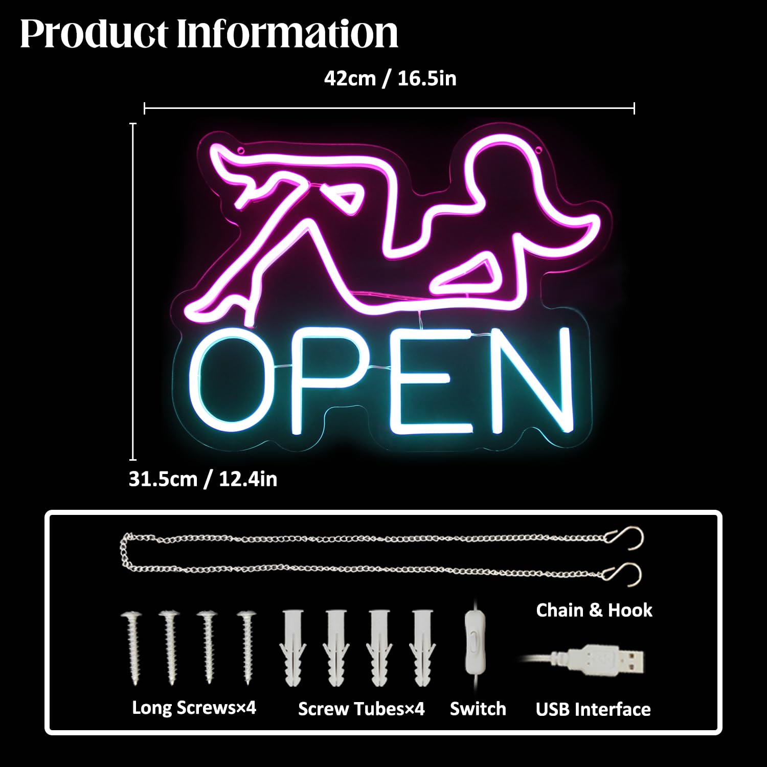 CKTBLEY Open Neon Sign LED Wall Decor - Pink Lady Design, USB Powered, 16.5 x 12.4 inches, Blue Pink Acrylic Light for Bar/Restaurant