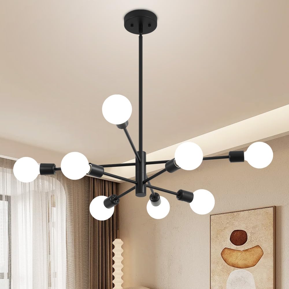 Deyidn Sputnik Chandelier, Black Modern Industrial Chandeliers 8-Light, Mid Century Ceiling Lighting Fixture for Living Room, Ki