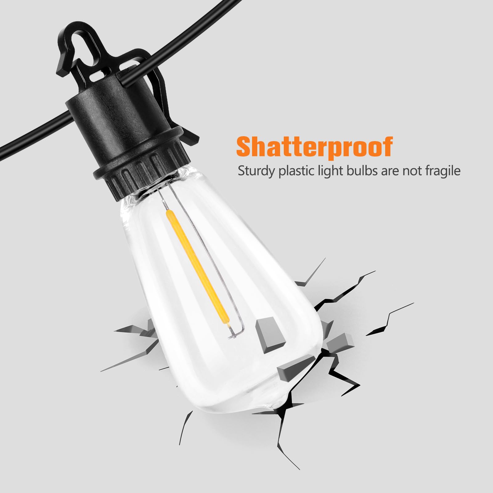 OOLED Solar String Lights 100ft Waterproof, 52 Shatterproof ST38 Vintage Edison Bulbs, Warm White, Outdoor Hanging Lights