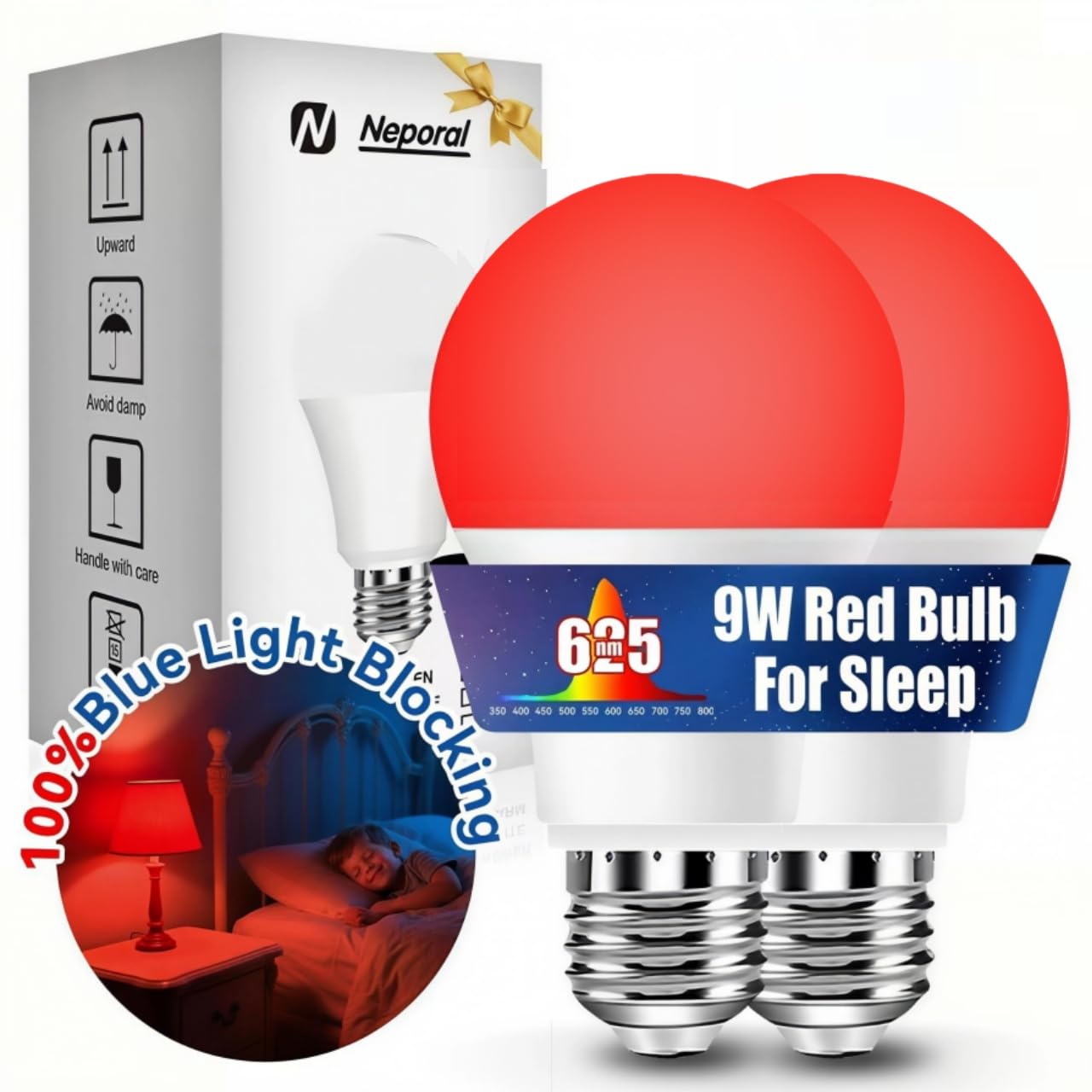 Neporal 625nm 9W Red Light Bulbs for Sleep  100% Blue Light Blocking Light Bulbs for Melatonin Promoting  A19 LED 60W Equivalent Dim Red Night Light Bulb for Baby Nursery  Sleeping  Reading  2-Pack