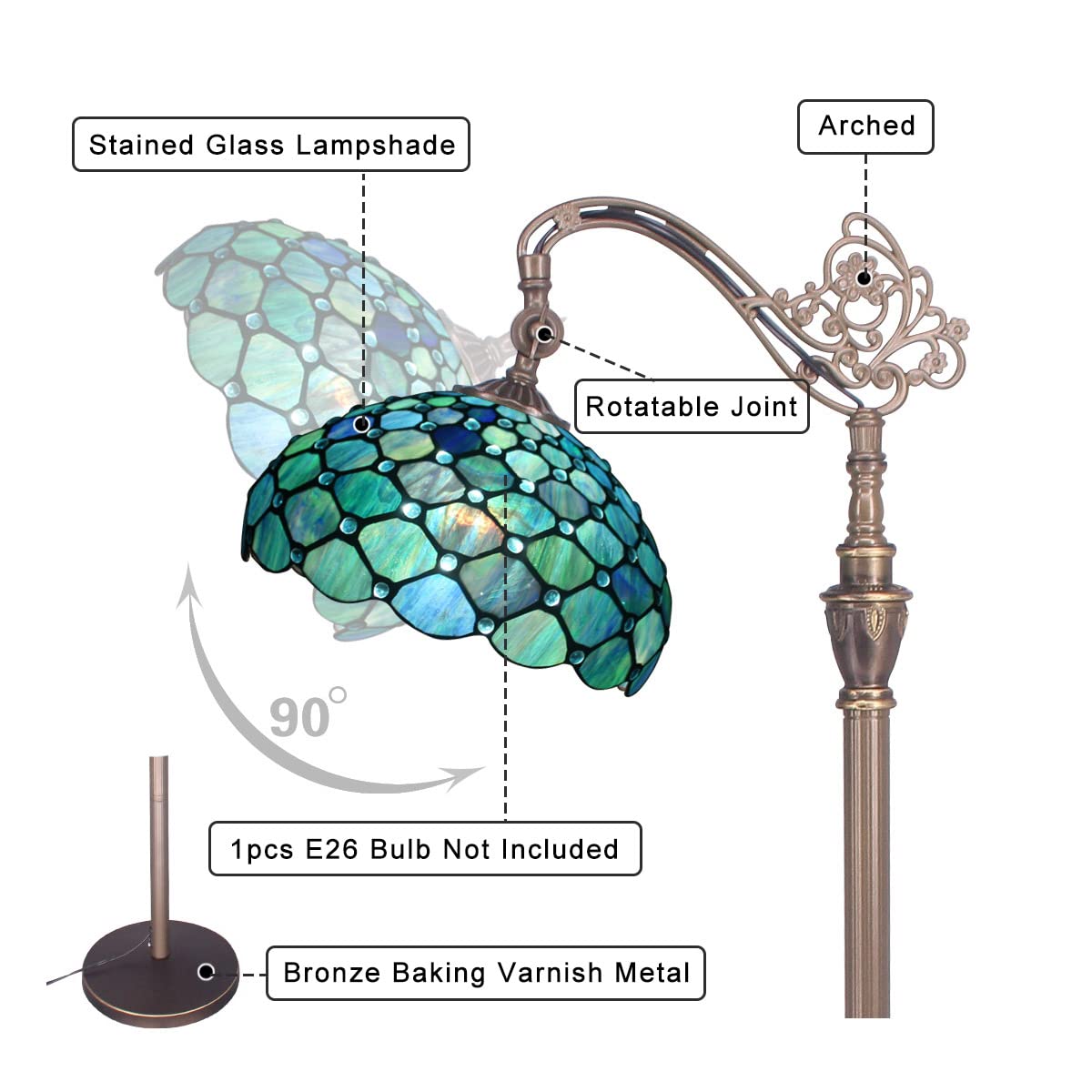 ZJART Tiffany Floor Lamp - Adjustable Arched Gooseneck, Metal, Sea Blue Pearl, 18.88x12x67 Inches, Antique Reading Light