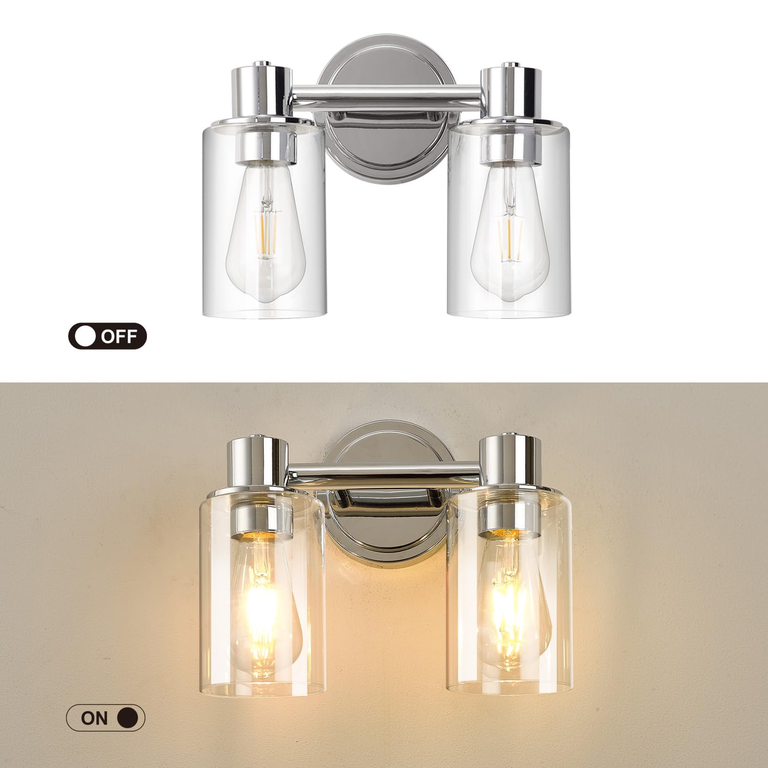 Alaislyc Chrome 2-Light Bathroom Wall Sconce With Clear Glass For Vanity & Mirror
