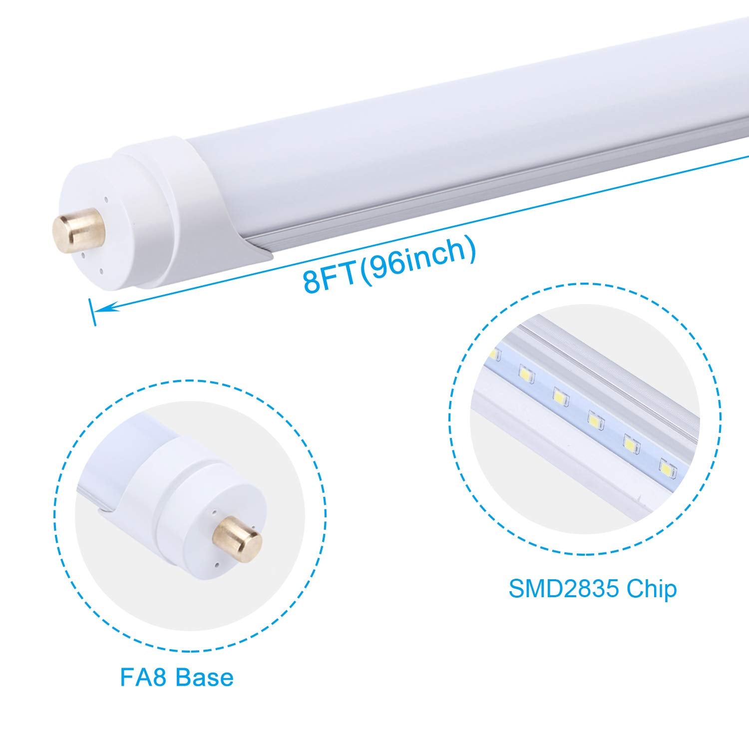 LIGHEART 8FT FA8 Single Pin LED Bulbs - 45W, 5000K Daylight, 5400LM, Ballast Bypass, 12 Pack, Frost