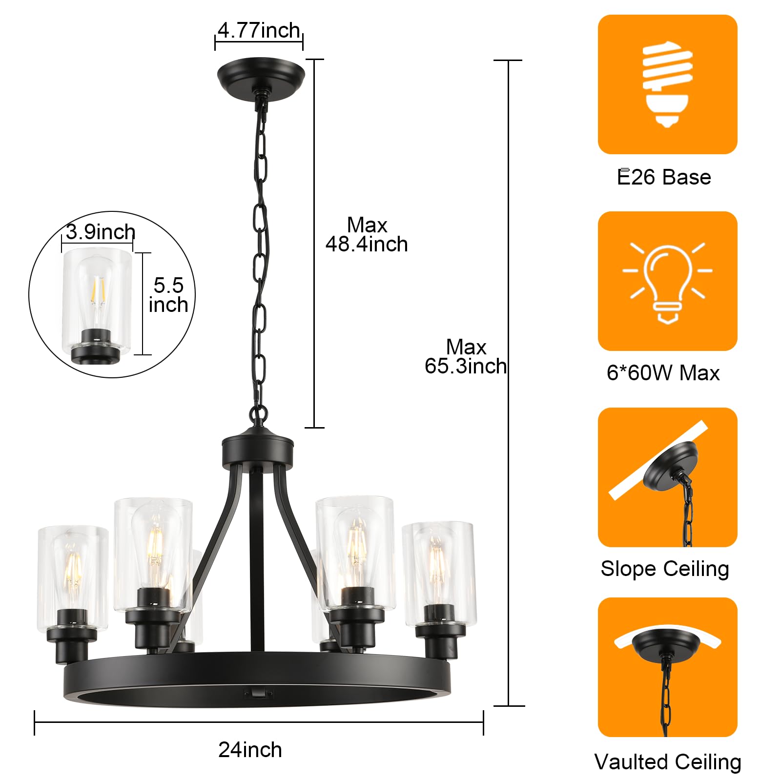 D24'' Black Wagon Wheel Chandelier, 6-Light Black Round Farmhouse Chandeliers, Dining Room Light Fixtures Black Industrial Hangi