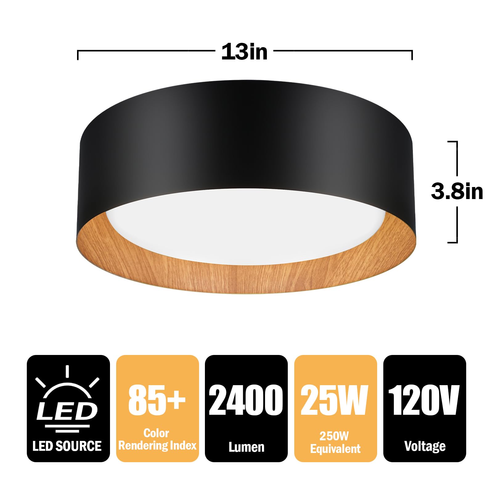 Flush Mount Ceiling Light, 13In 250W Equivalent Led Ceiling Light Fixture, 3Cct Adjustable 3000K 4000K 5000K, Dimmable Black And