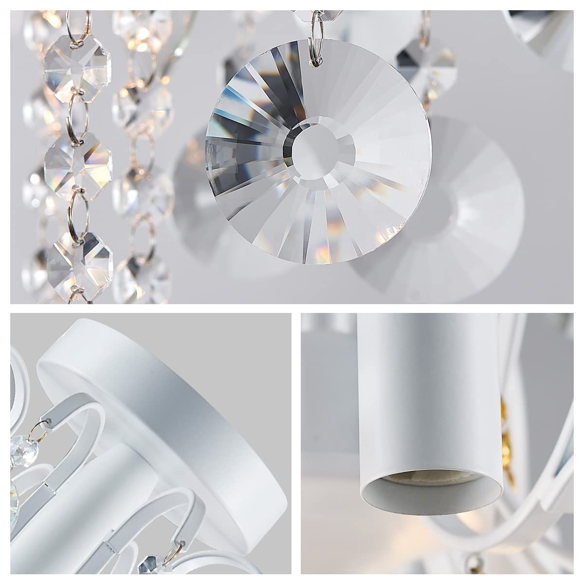 WUZUPS Crystal Chandelier Flushmount Ceiling Light, 17.5" H x 19.3" W, White Glass Fixture for Bedroom, Hallway, Bar, Kitchen, Bathroom - Model