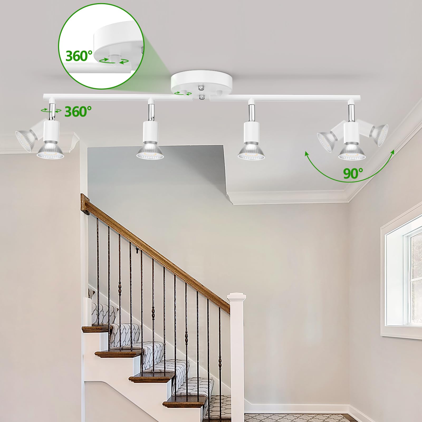 Aiboo Track Lighting Kit, Modern White Ceiling Spot Lighting With Flexibly Rotatable Light Heads, 4 Track Lights For Room/Hallwa