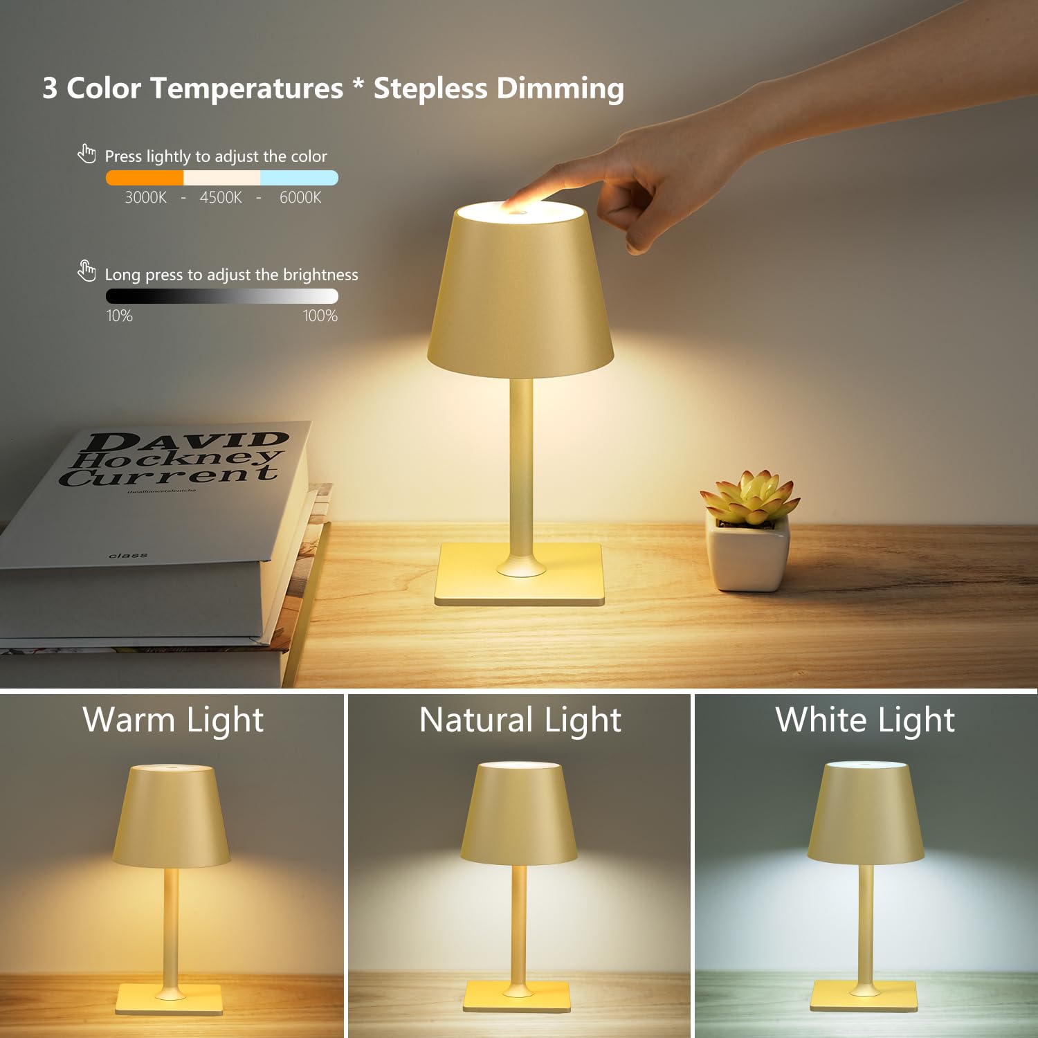 Fizrice 4 Pack Gold Cordless Table Lamps, Portable Rechargeable, 6000mAh Battery, Dimmable LED for Holiday Gifts
