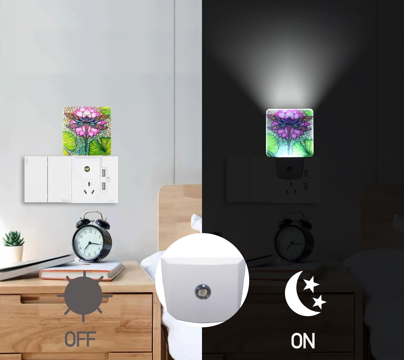 Dragonfly And Lotus Flower Plug-In Led Night Light,Smart Auto Dusk To Dawn Sensor Nightlights Plug Into Wall,White Energy Effici