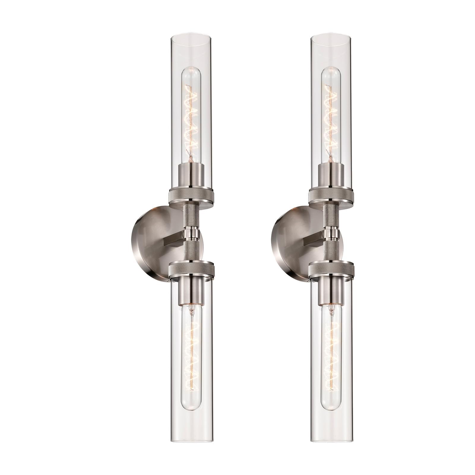 LaLuLa 2-Pack Vanity Lights for Bathroom - Brushed Nickel 2-Light Wall Sconces with Knurled Texture and Clear Glass Shades  Modern Chrome Bathroom Light Fixtures Over Mirror  25 Inch
