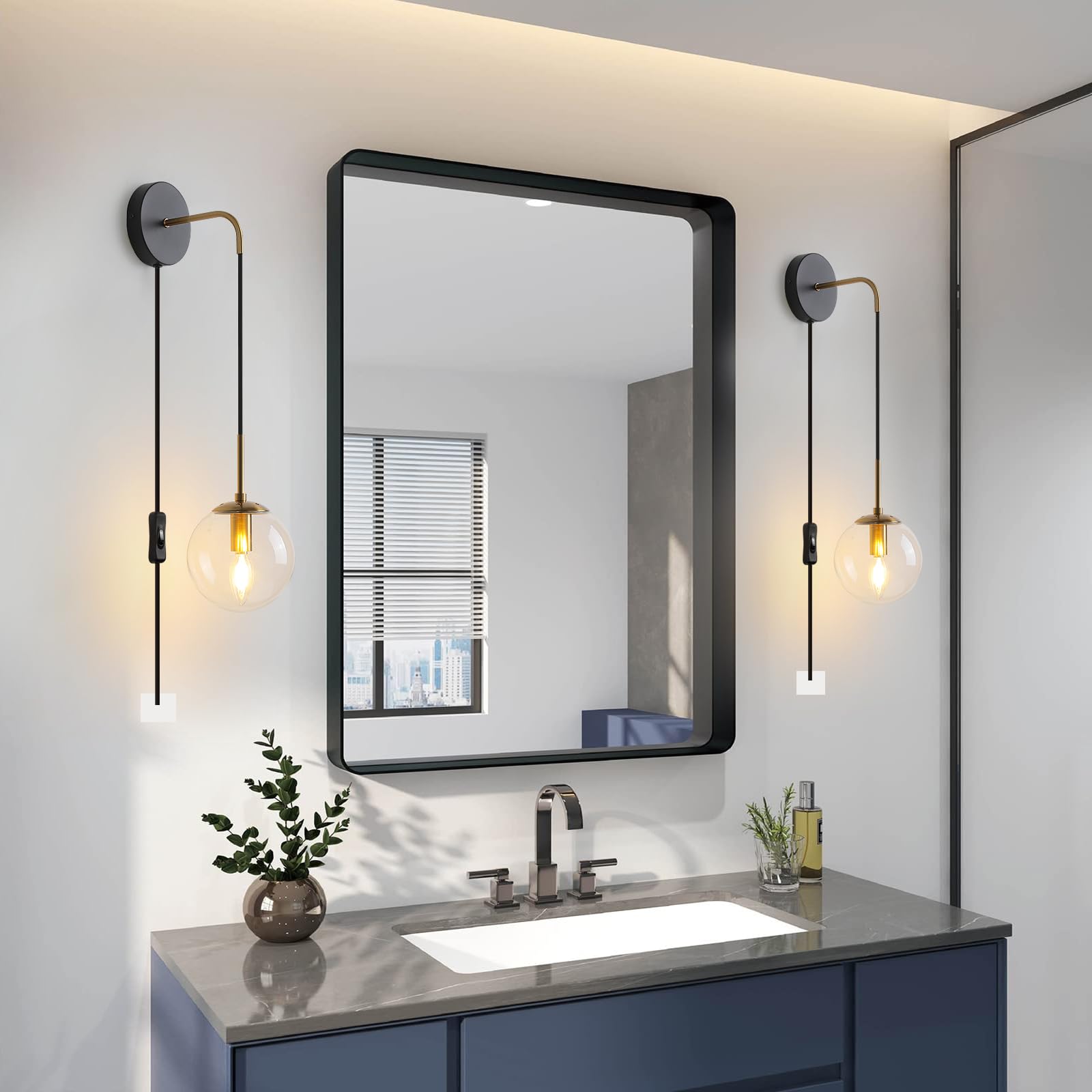 KUZZULL Wall Sconces Set of 2, Black and Brass, Globe Clear Glass Shade, 29in, Plug-in with Cord Switch