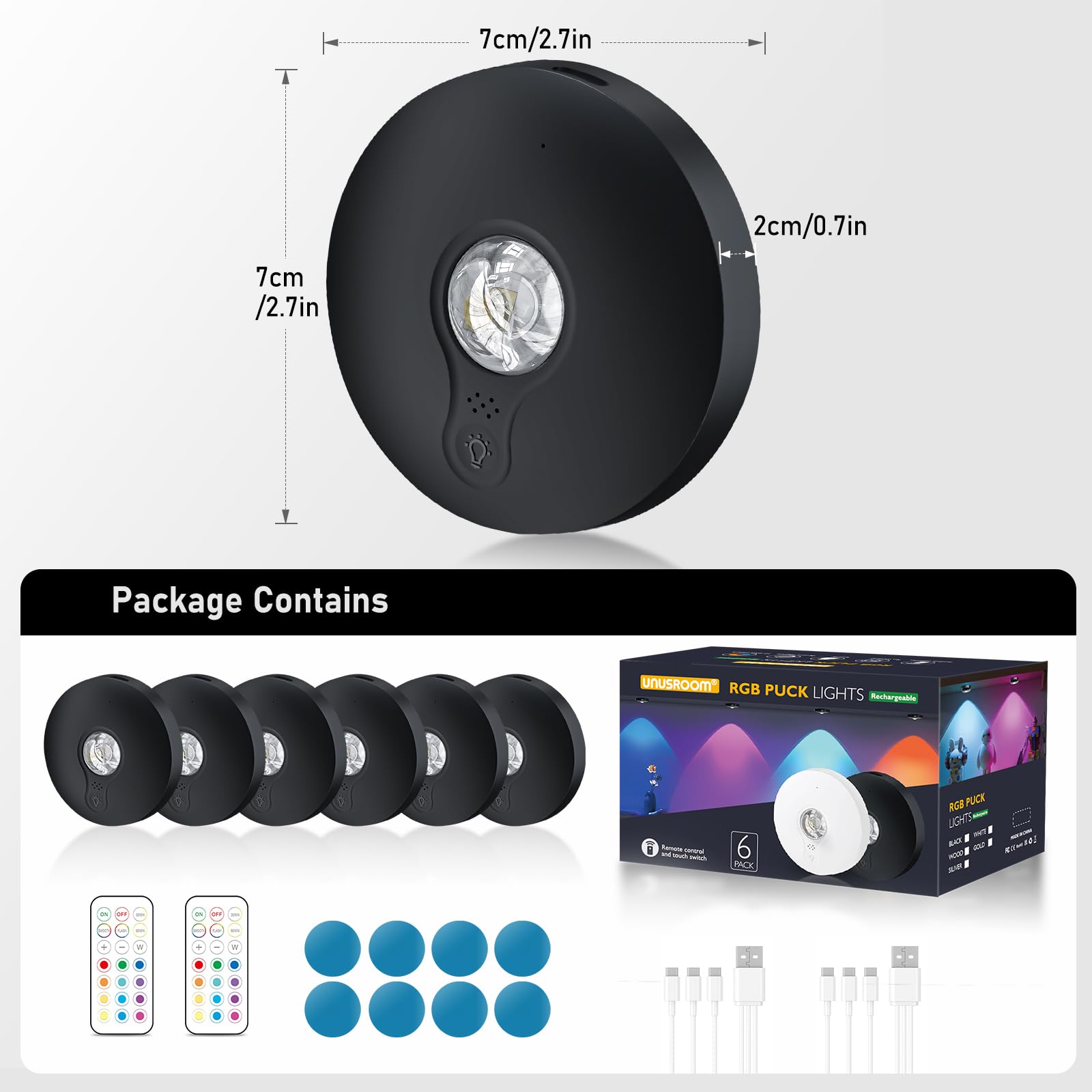 Unusroom Rechargeable Puck Lights Led Under Cabinet Counter 2000Mah Battery Operated Tap Stick On Lights Touch&Remote Controls Dimmable Wireless Closet Light For Kitchen (Black-13Color  6)