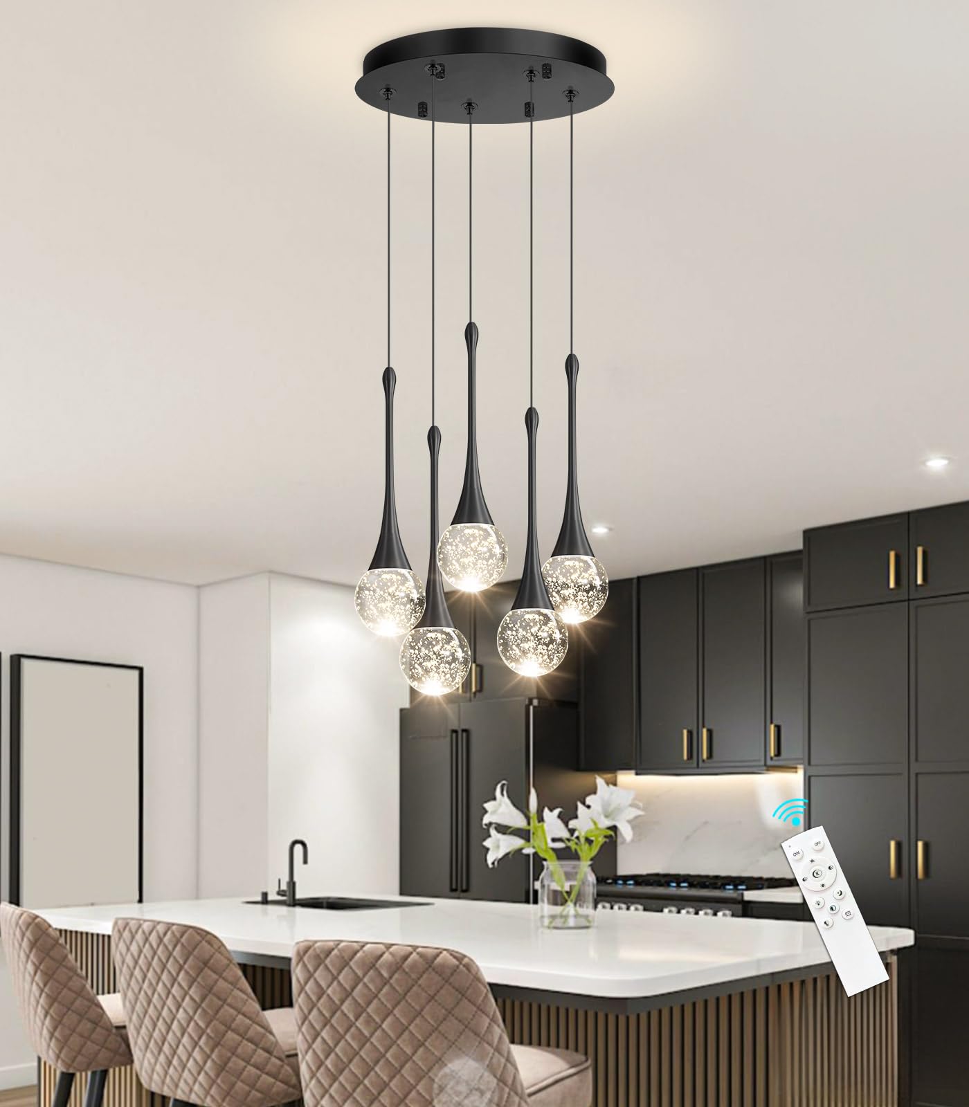 Cenzoz 5-Lights Modern Pendant Lights For Kitchen Island Led Dimmable Chandelier Crystal Glam Ceiling Pendant Lighting For Dinin