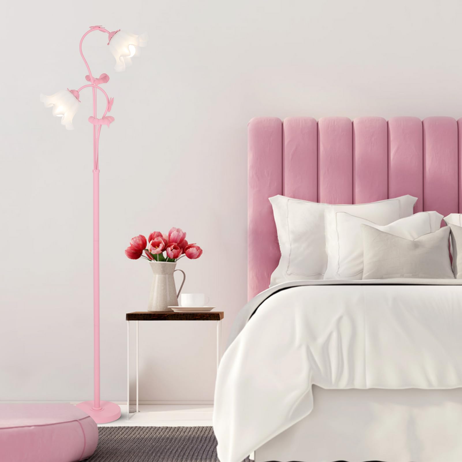 HMVPL Pink Flower Floor Lamp, Modern 2 LED 5W Standing Lamp with Foot Switch, Acrylic Shade, Stylish Decor for Living Room & Bedroom