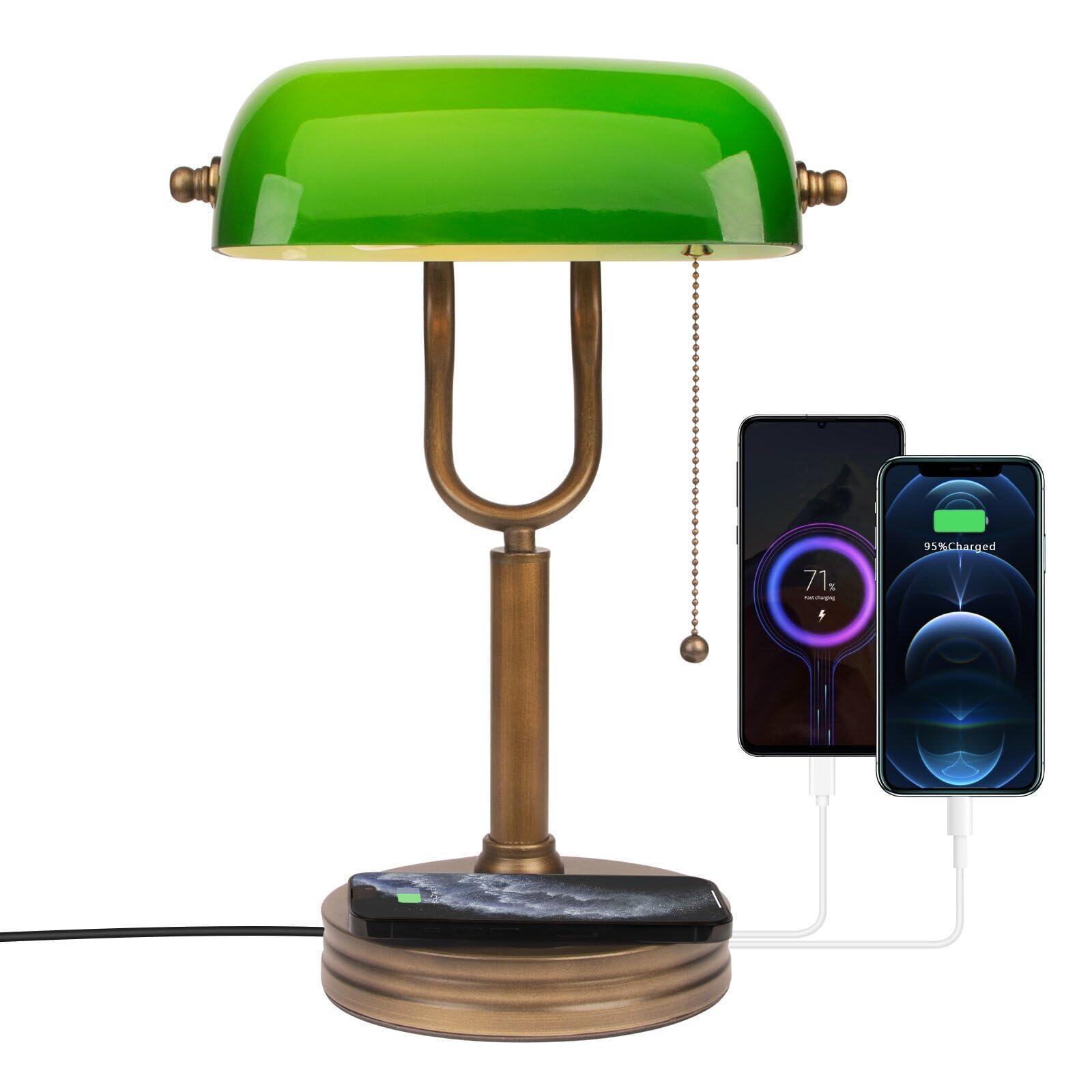 JCPYIUL Green Glass Bankers Lamp  Retro Desk Lamp with USB Wireless Charging Port  Classic Pull Chain Switch Table lamp  for Home Office nightstand Bedside Study Desk Library