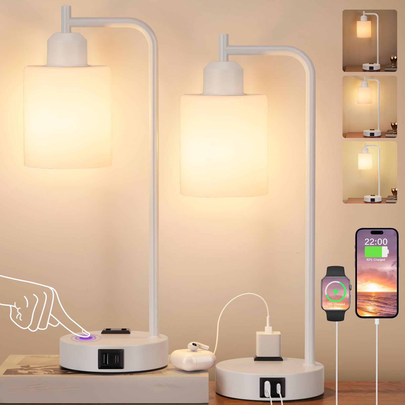 Innqoo Industrial Table Lamps Set of 2, 3-Way Dimmable, USB C+A Ports, White Base & Opal Shade for Bedrooms and Living Room