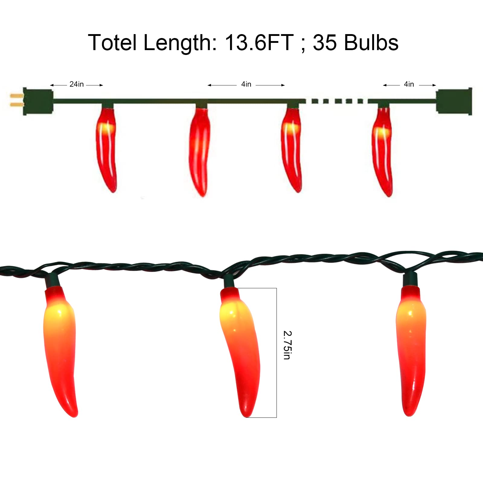 Red Chili Pepper Lights, 13.6Ft Christmas Decorations String Lights With 35 Red Chili Pepper Lights For Mexican Fiesta Indoor Party Kitchen Patio Bedroom Decorations, Green Wire