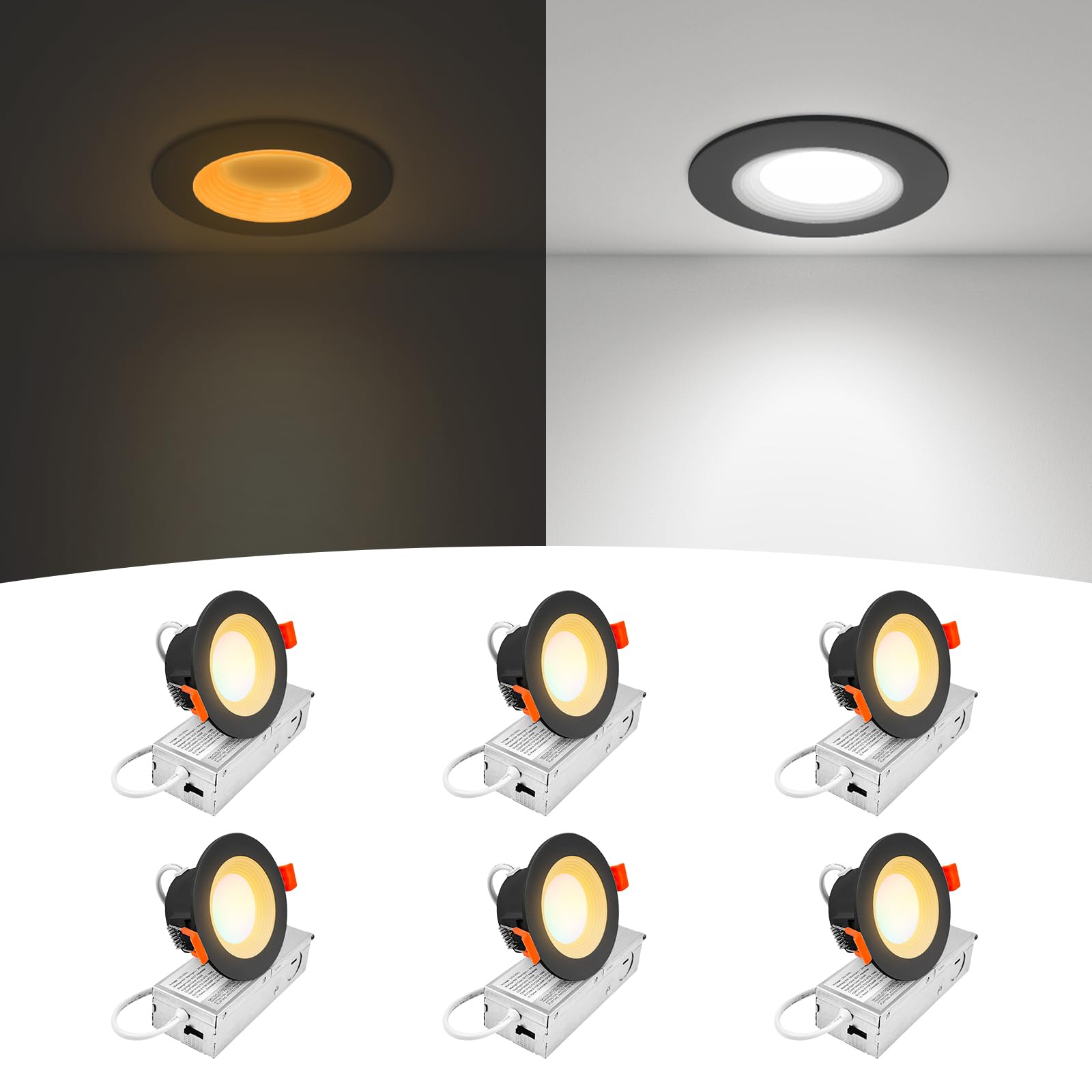 Comiled 3 Inch Anti-Glare Recessed LED Downlight with Night Light, Deep Baffle Design, Dimmable, 2700K-5000K 5CCT Selectable, wi
