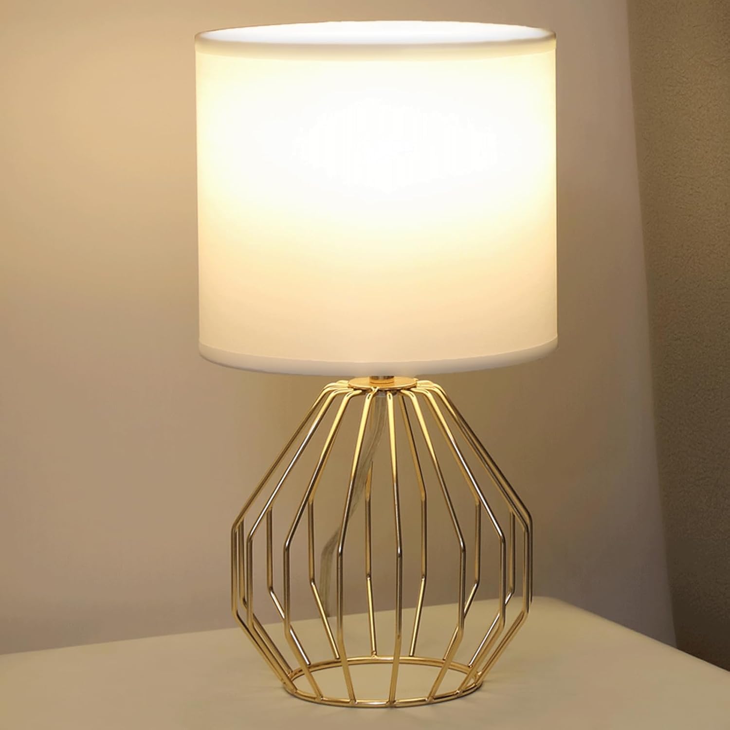 KRASTY Gold Table Lamp  Small Bedside Nightstand Lamps with White Fabric Shade  Metal Base and ON/Off Switch Desk lamp  Modern Geometric Lamp for Bedrooms Living Room Office Foyer Kids Room