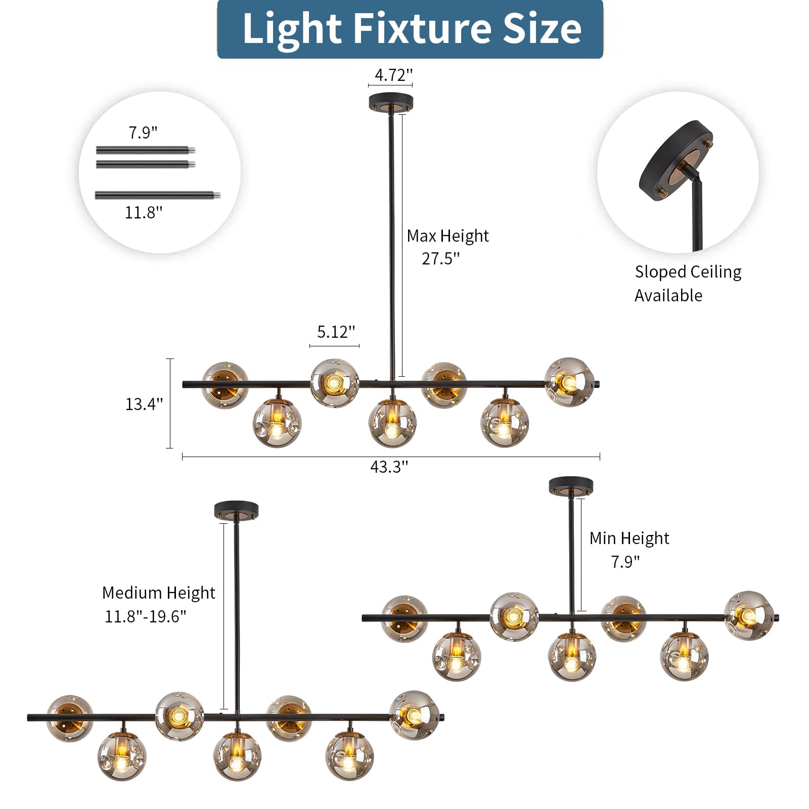 DDLLDESHI Modern Linear Chandelier - 7 Lights Glass Globe Sputnik Ceiling Light Fixture, 41" Mid Century Black and Gold, Model DDL04-7G