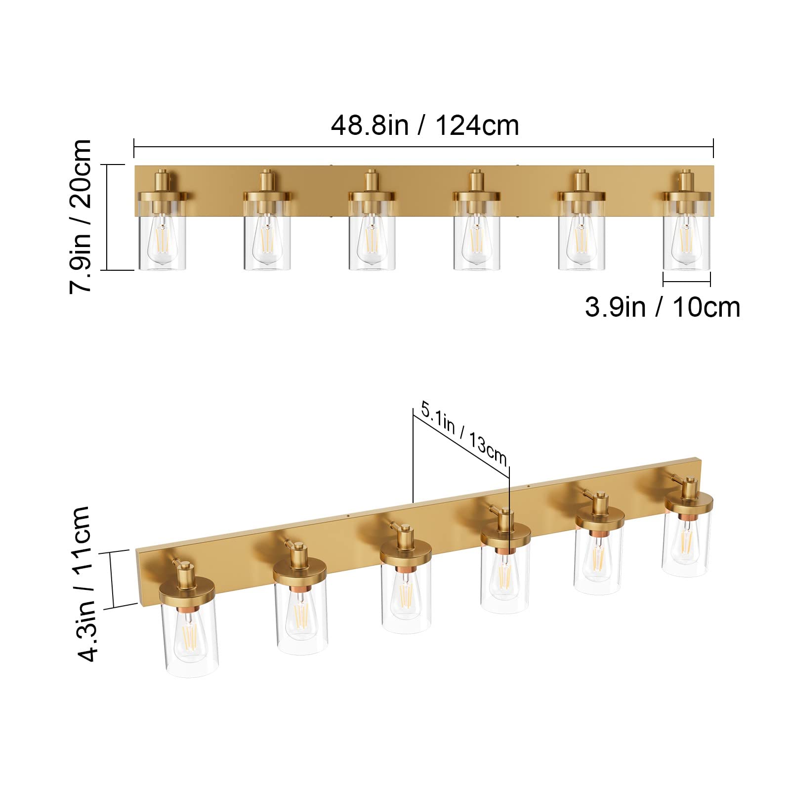 Aipsun Gold Bathroom Vanity Light, 6-Light, Aluminum, Model GW-1136, Clear Glass Shade