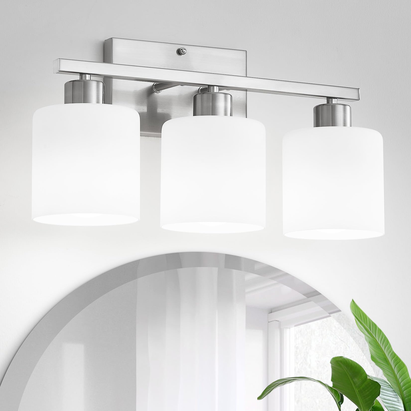 Rocunsi 3-Light Bathroom Vanity Light Fixtures Over Mirror, Brushed Nickel Vanity Wall Scones Lighting For Bedroom Living Room, Vanity Lights With Milky White Glass Shades, E26 Socket