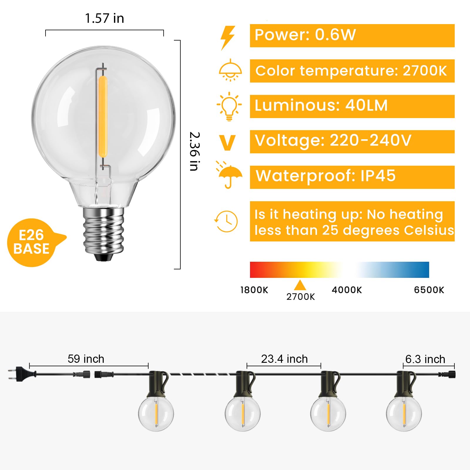 GLOBELIT Outdoor String Lights 150FT G40 75+3 Bulbs IP45 Waterproof Warm White Black