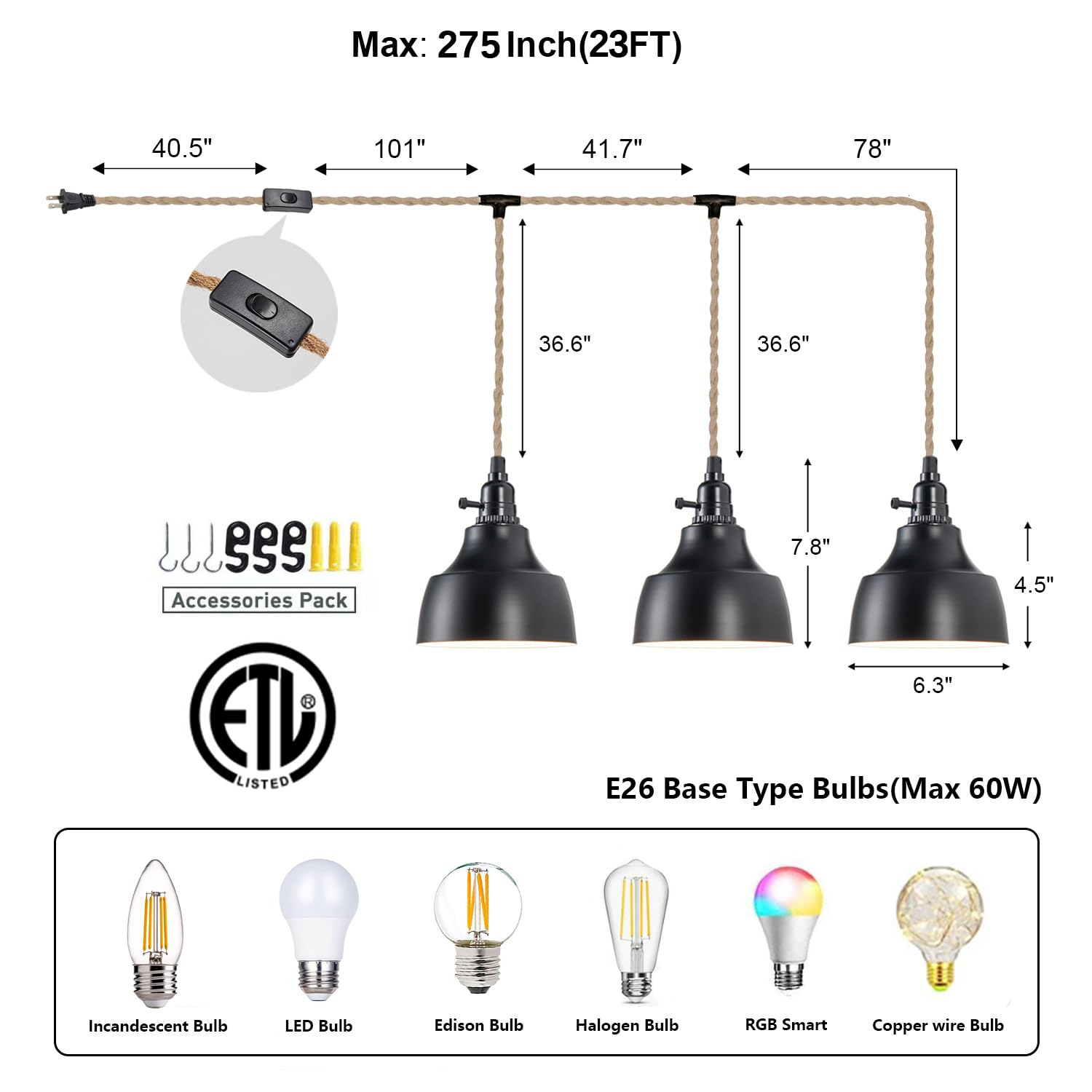 Alaislyc 3 Light Plug In Pendant Light Cord 22Ft Industrial Farmhouse Hanging Lamp With Twisted Hemp Rope Independent Triple Swi