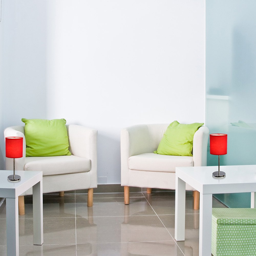 Simple Designs Lt2007-Red-2Pk Chrome Mini Basic Table Lamp With Fabric Shade 2 Pack Set, Red