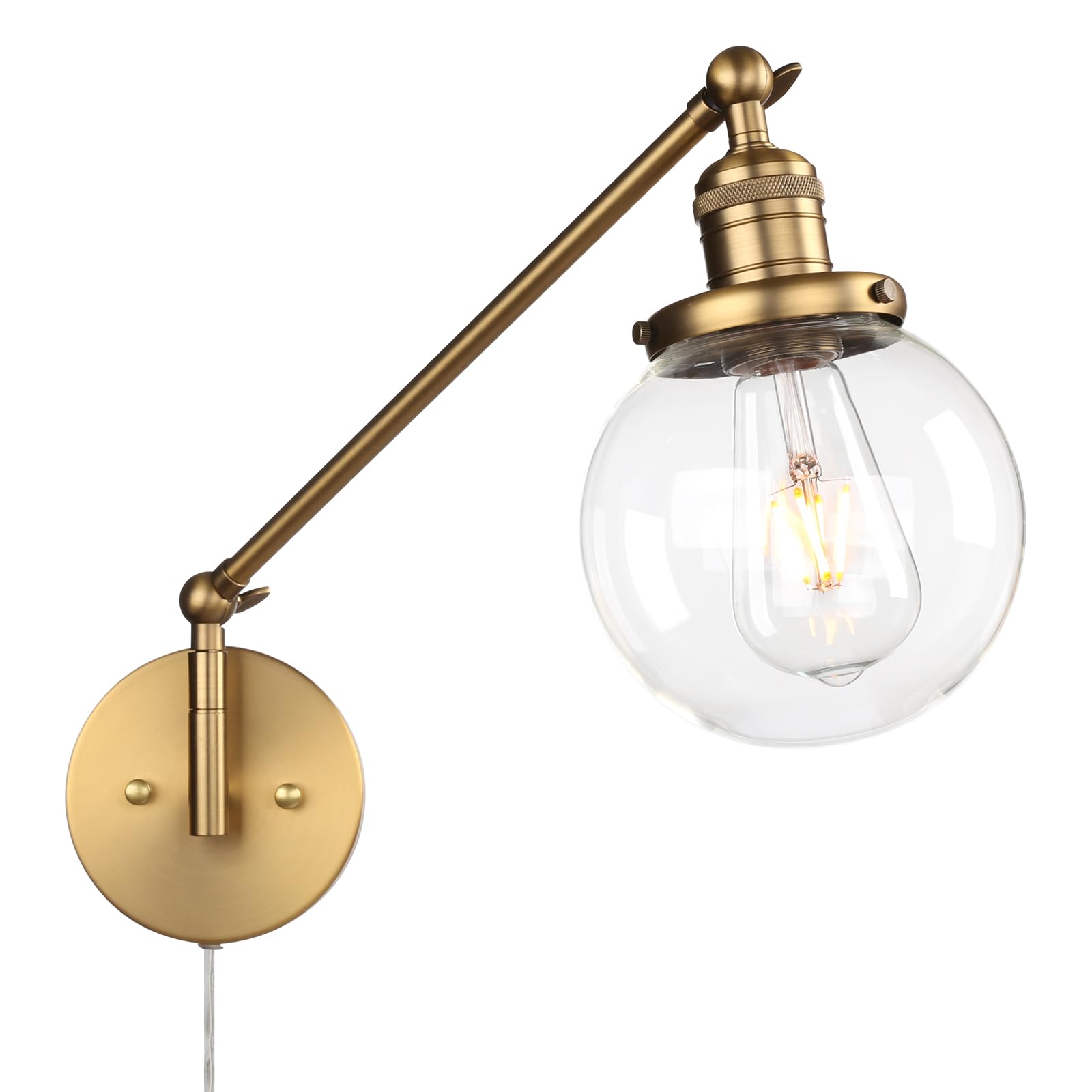 Permo Plug In Wall Sconce Swing Arm Wall Lamp Industrial Sconce With 5.9 Glass Globe Shade For Bedroom, Living Room, Office (Ant
