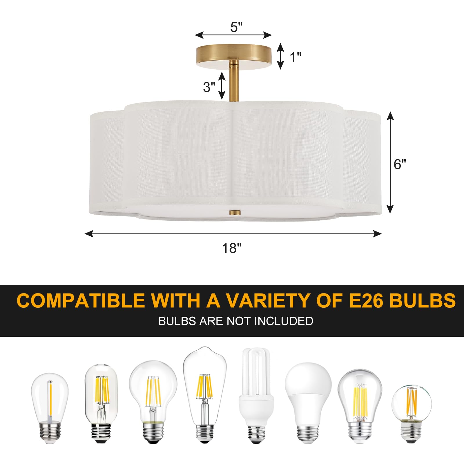 Widluth Modern Gold 3-Light Drum Ceiling Light Fixture, Vintage Linen, 18" Size, Ideal for Kitchen, Dining Room, Bedroom, Model XT203-Gold