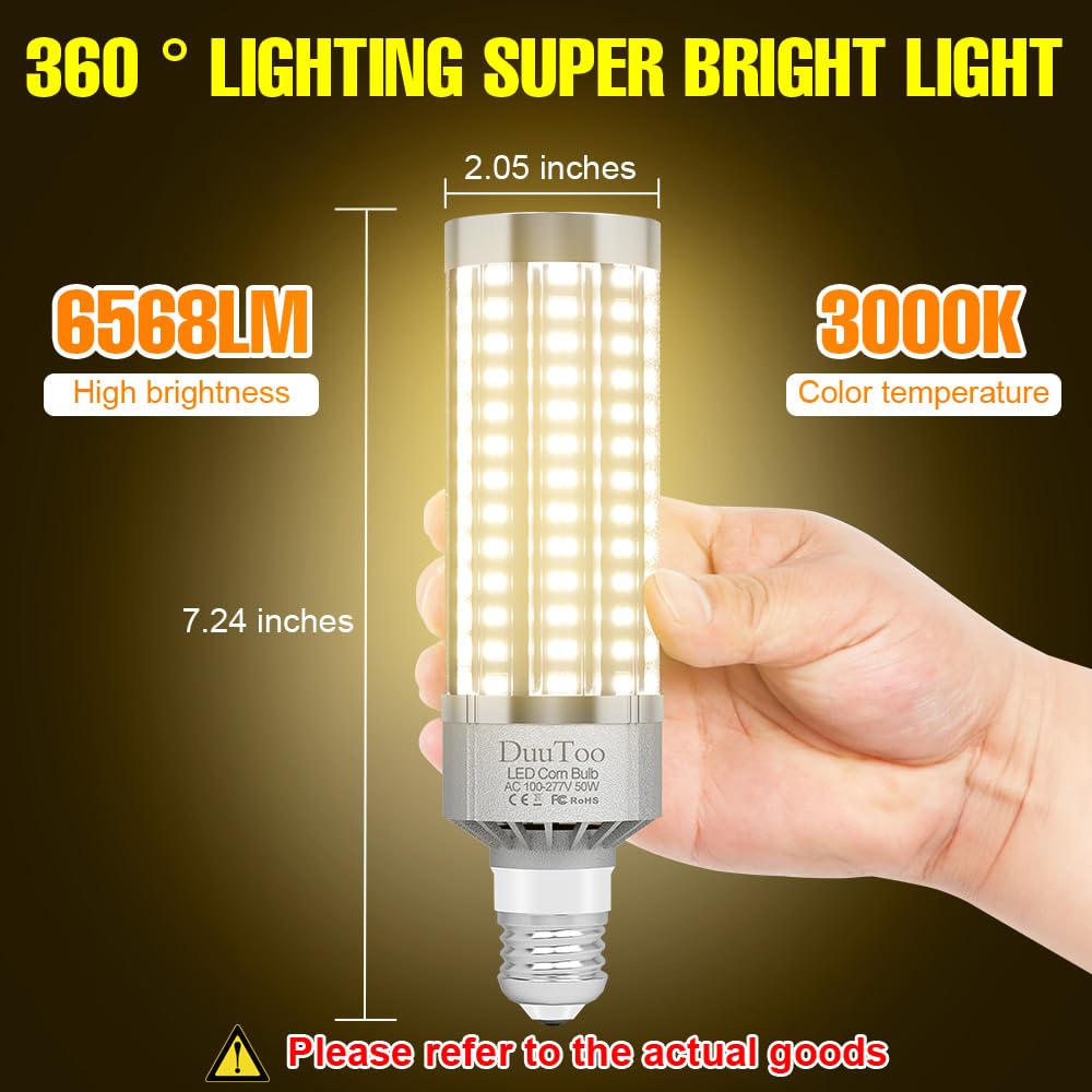 Duutoo Led Corn Bulbs 50W Super Bright 6568Lumens E26 Lights Bulb 3000K Warm White 400Watts Equivalent E39 Mogul Base Large Area Lamps 100-277V Courtyard Storage Rooms Barn Storehouse Lighting Fixture
