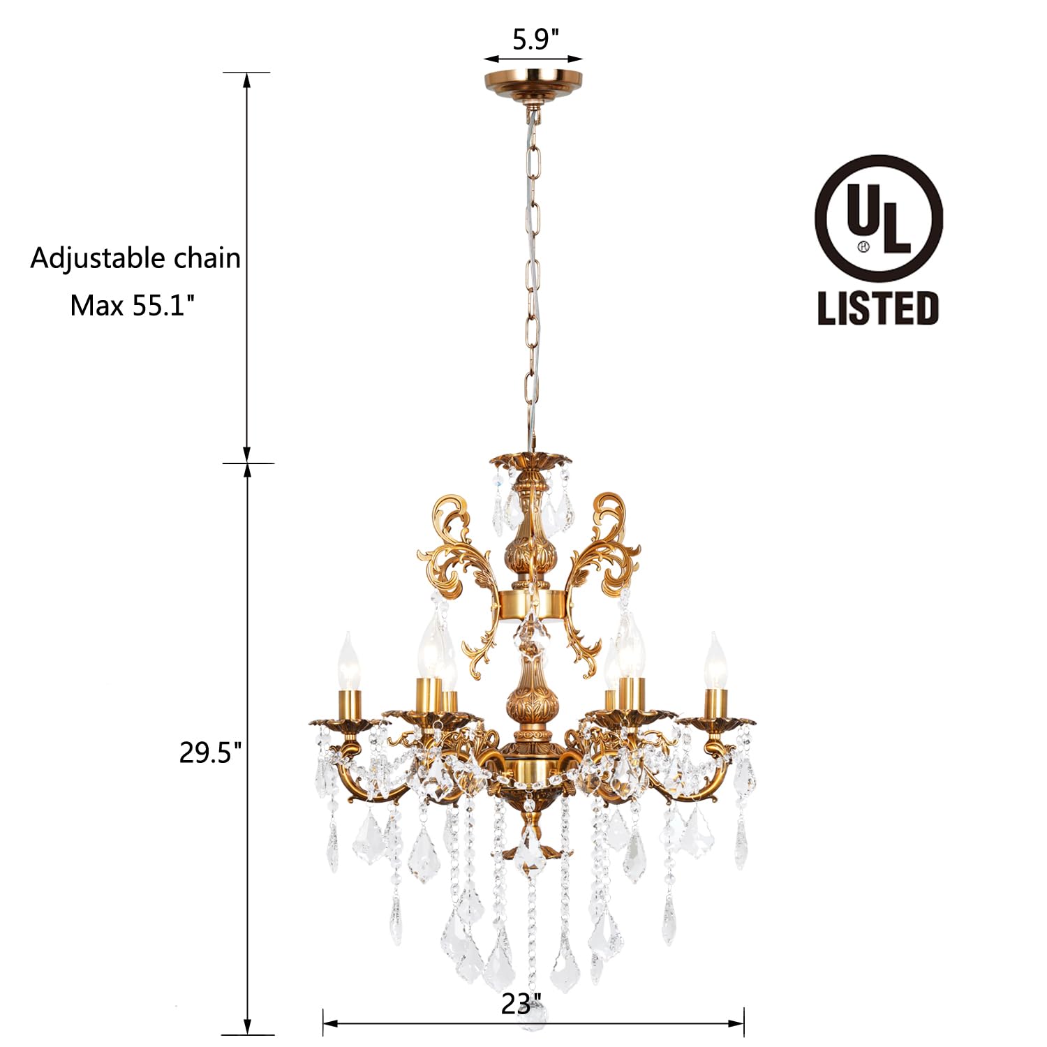 Akeelighting 6-Light Crystal Chandelier - Antique Gold Metal Fixture, 23" Diameter, Modern Farmhouse Ceiling Light for Bedroom & Kitchen
