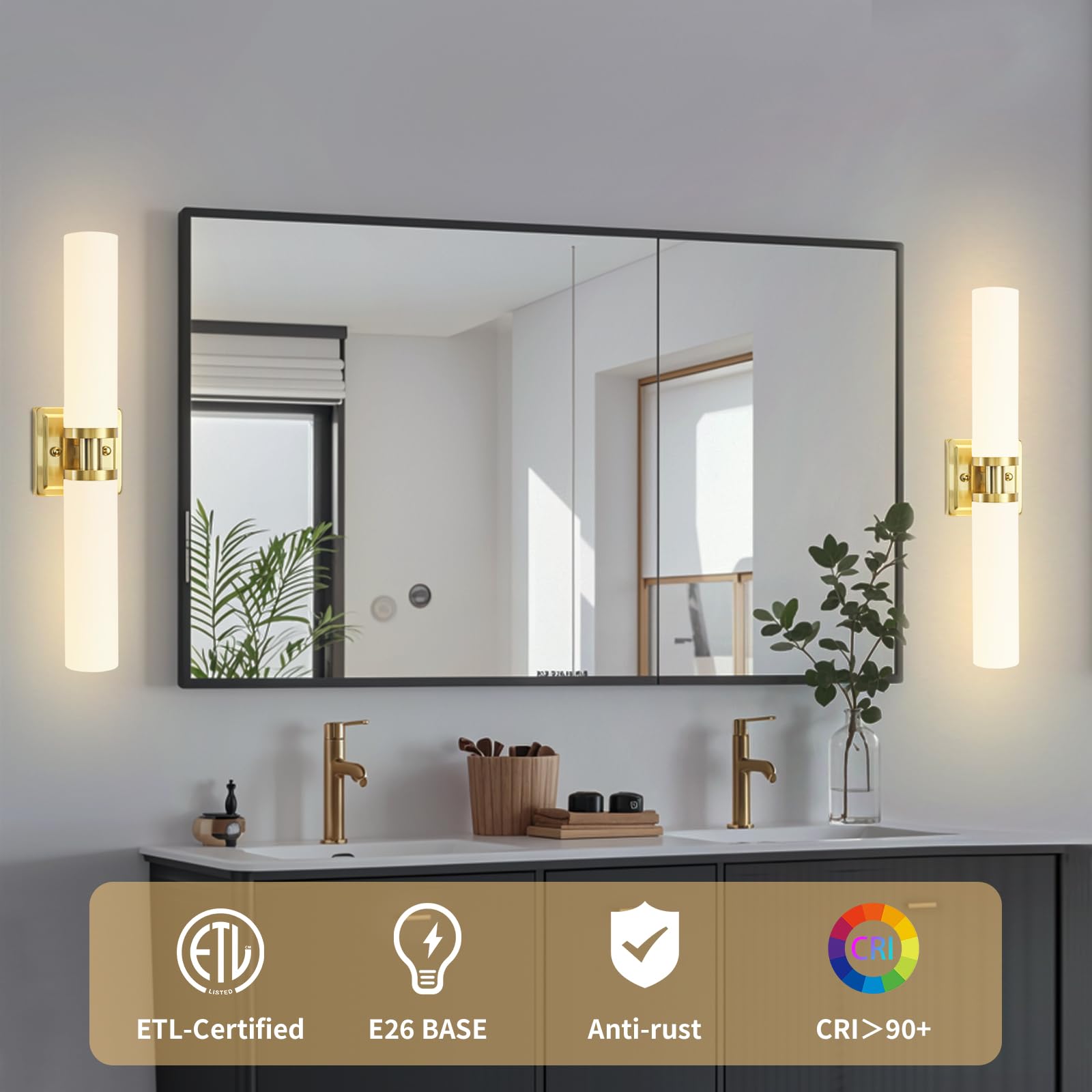 Gold Wall Sconces Set Of Two  Bathroom Sconces With Frosted Glass Shade  Modern Vanity Sconces Lighting Over Mirror  Wall Light Fixtures For Living Room Bedroom Hallway (Bulbs Not Included)