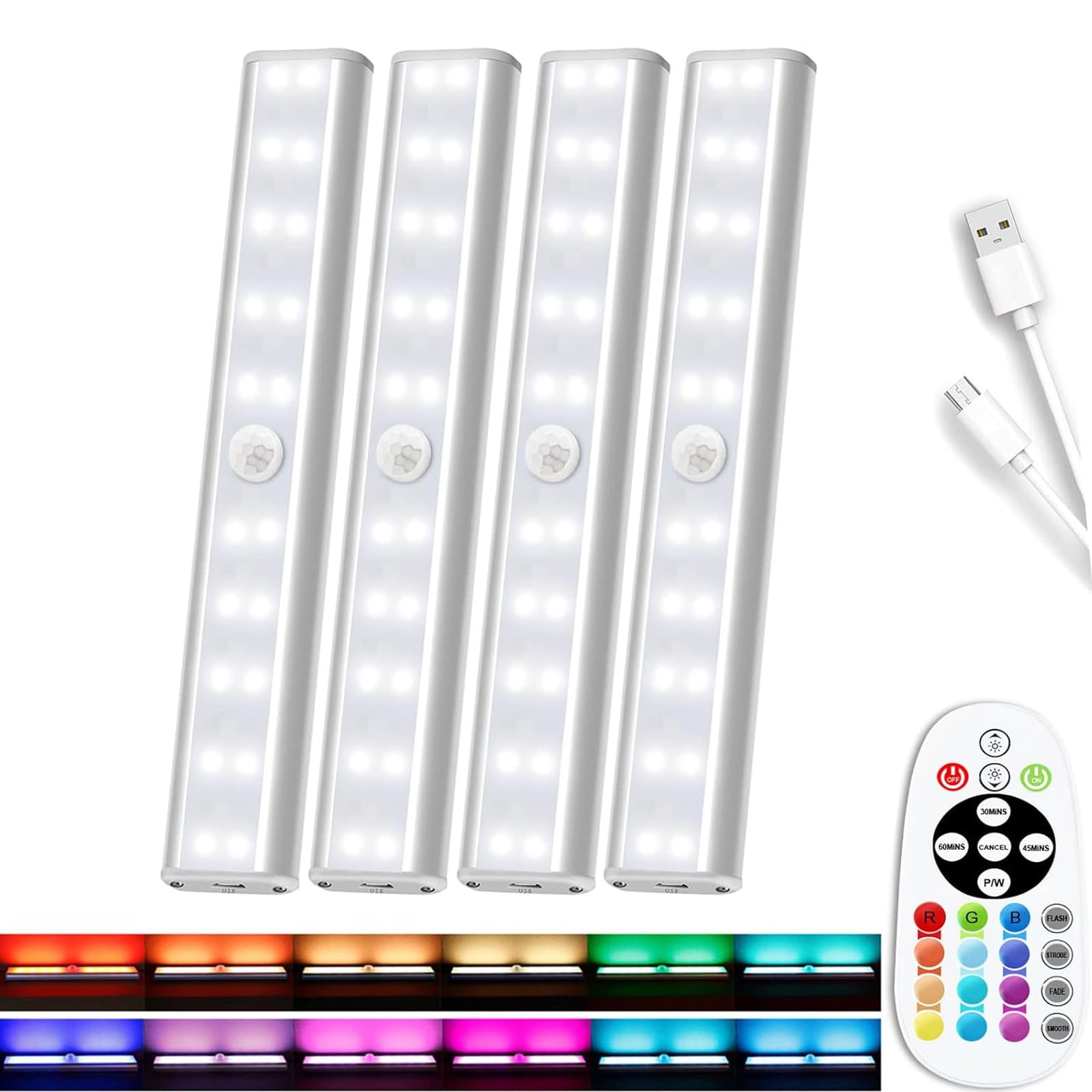 Under Cabinet Light Wireless with Remote, 15 Color RGB Magnetic Led Light Bar, 48-LED Rechargeable Closet Lights, 3 Timer & 4 Mo