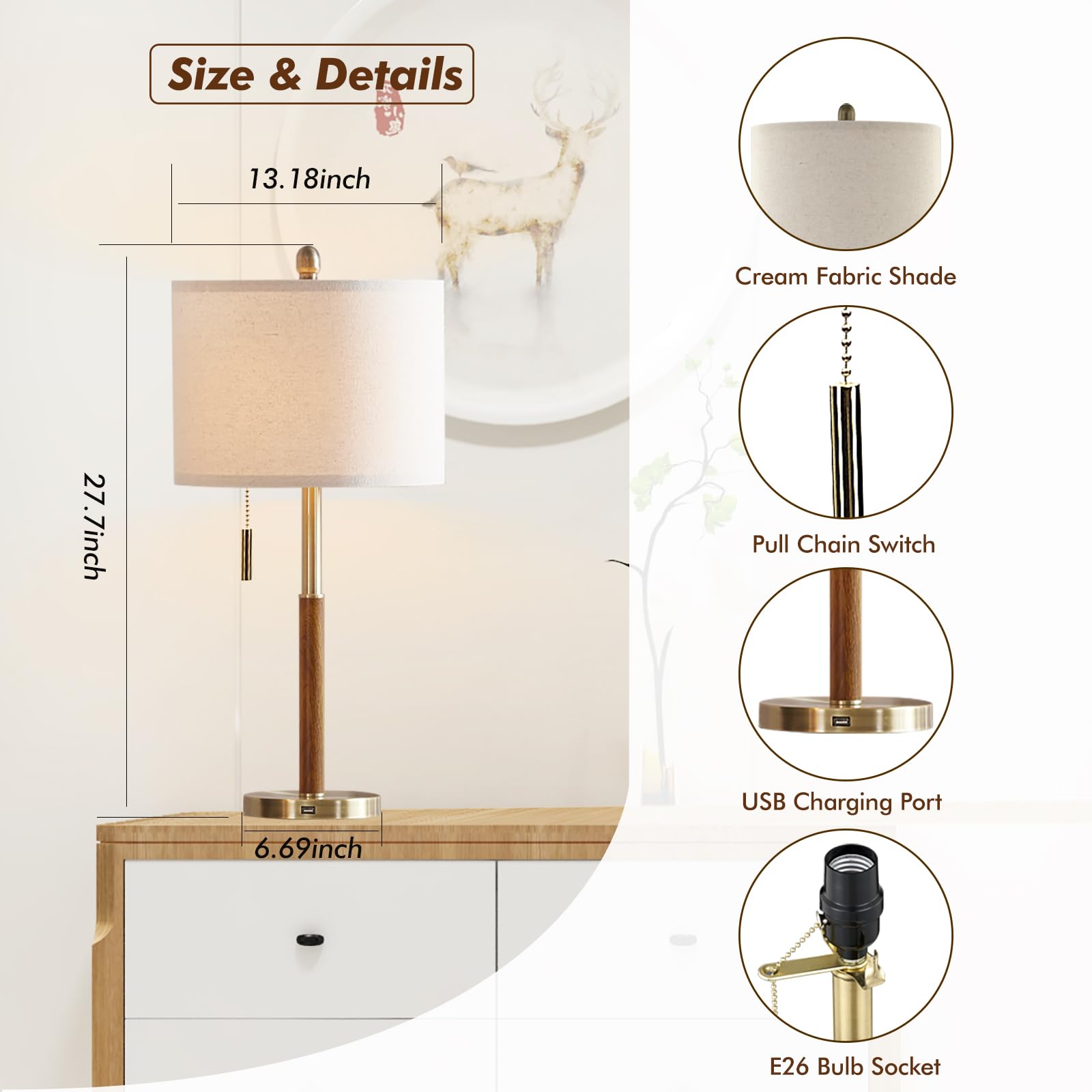 Yameiwan 28'' Gold Bedside Lamps Set Of 2 For Bedroom - Modern Table Lamp With Usb Charging Port For Living Room End Table - Nig