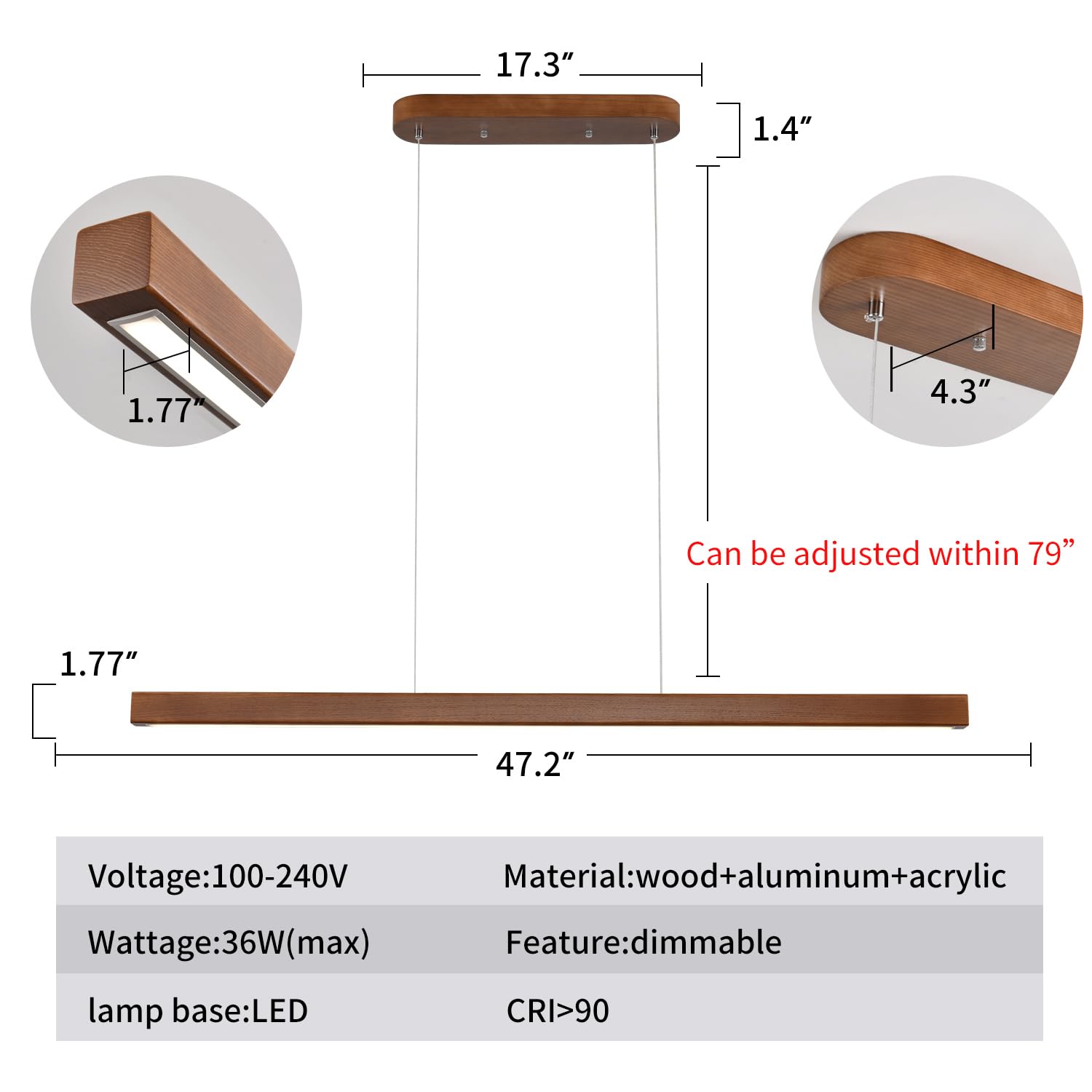 Yisdesign 47 Wood Linear Pendant Light Fixtures Modern Led 36W Dimmable Pendant Lighting Ceiling Hanging Lights Wood Linear Chandeliers For Kitchen Island Dining Room Pool Table Walnut Color