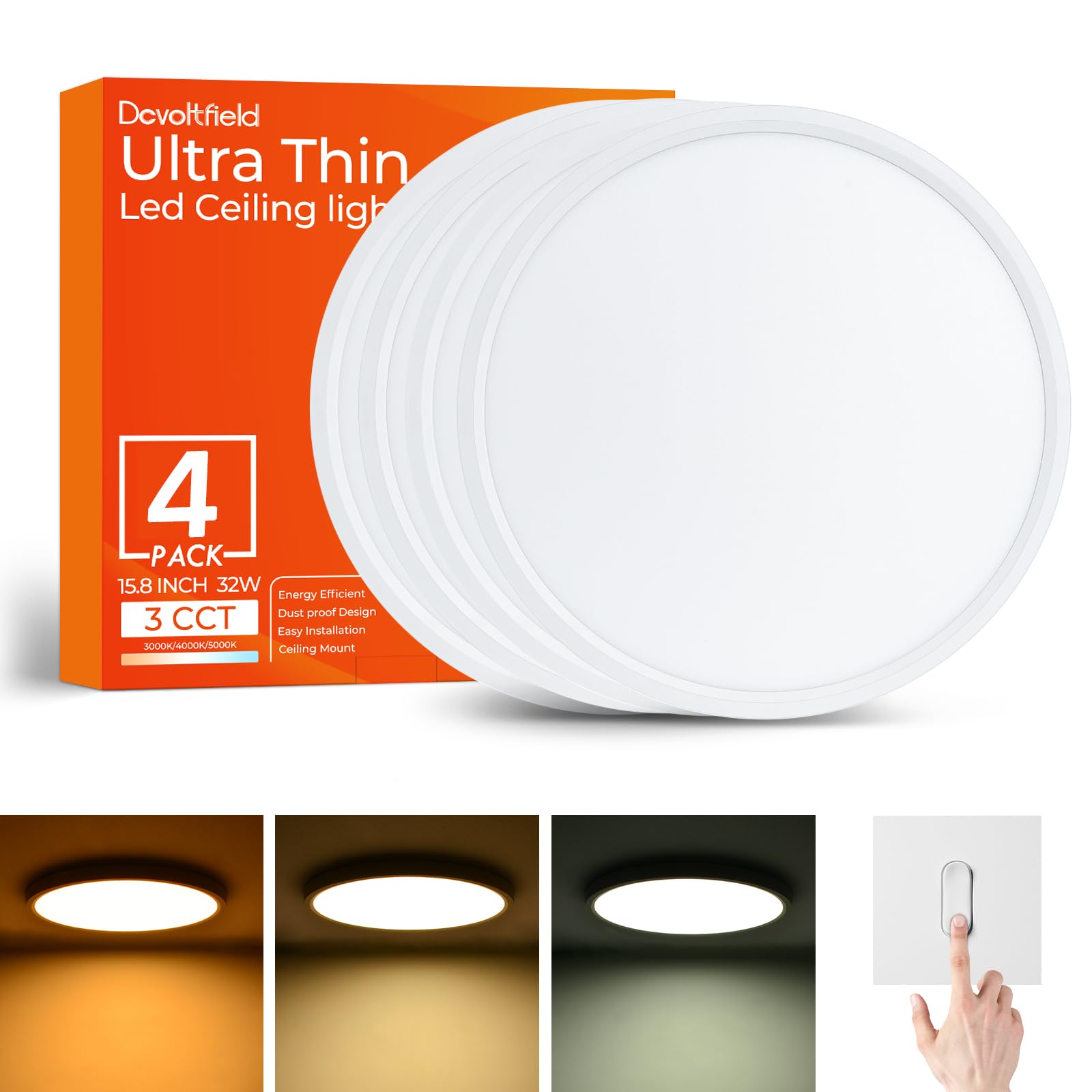 4Pack 15.8Inch LED Flush Mount Ceiling Light Fixture 32W 3200LM Dimmable CCT 3000K/4000K/5000K Round Flat Panel Light for Bedroom 0.7Inch Thin Modern Low Profile Ceiling Lights for Hallway Kitchen