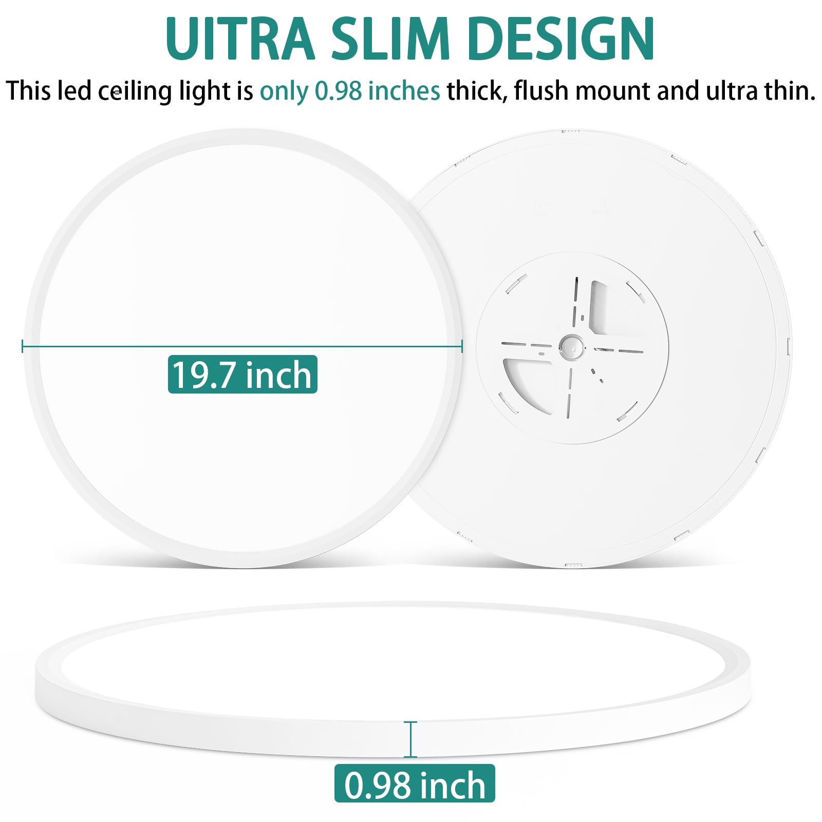 20 Inch Dimmable Led Ceiling Light Fixture, Ultra Thin Flush Mount, 40W 4000Lumen, 3 Color Changeable, Round, White, For Dining